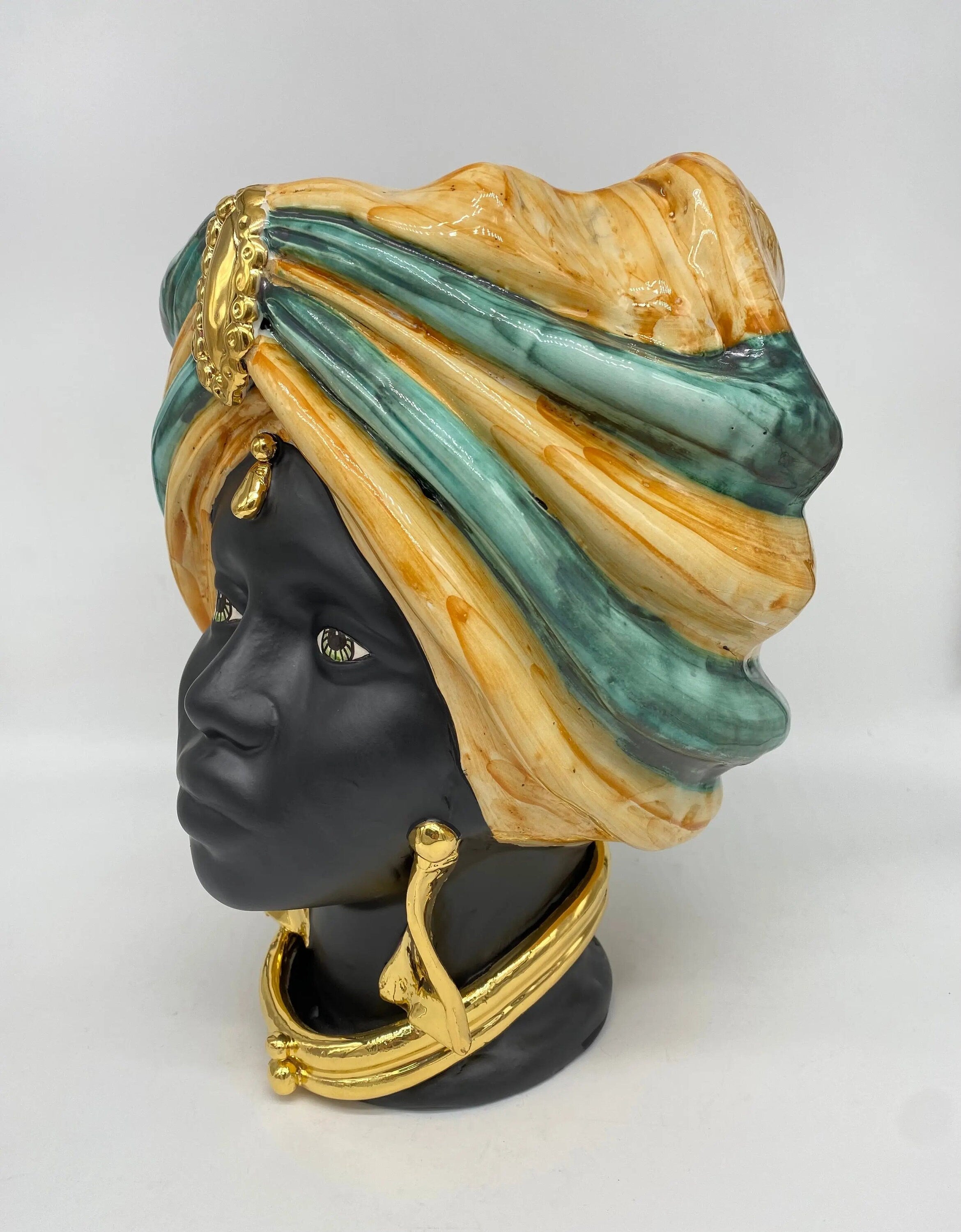 Teste di Moro Atena Ceramica Caltagirone cm H.30 L.23 Artigianale Ocra Verde Nero Oro DD CERAMICHE SICILIANE