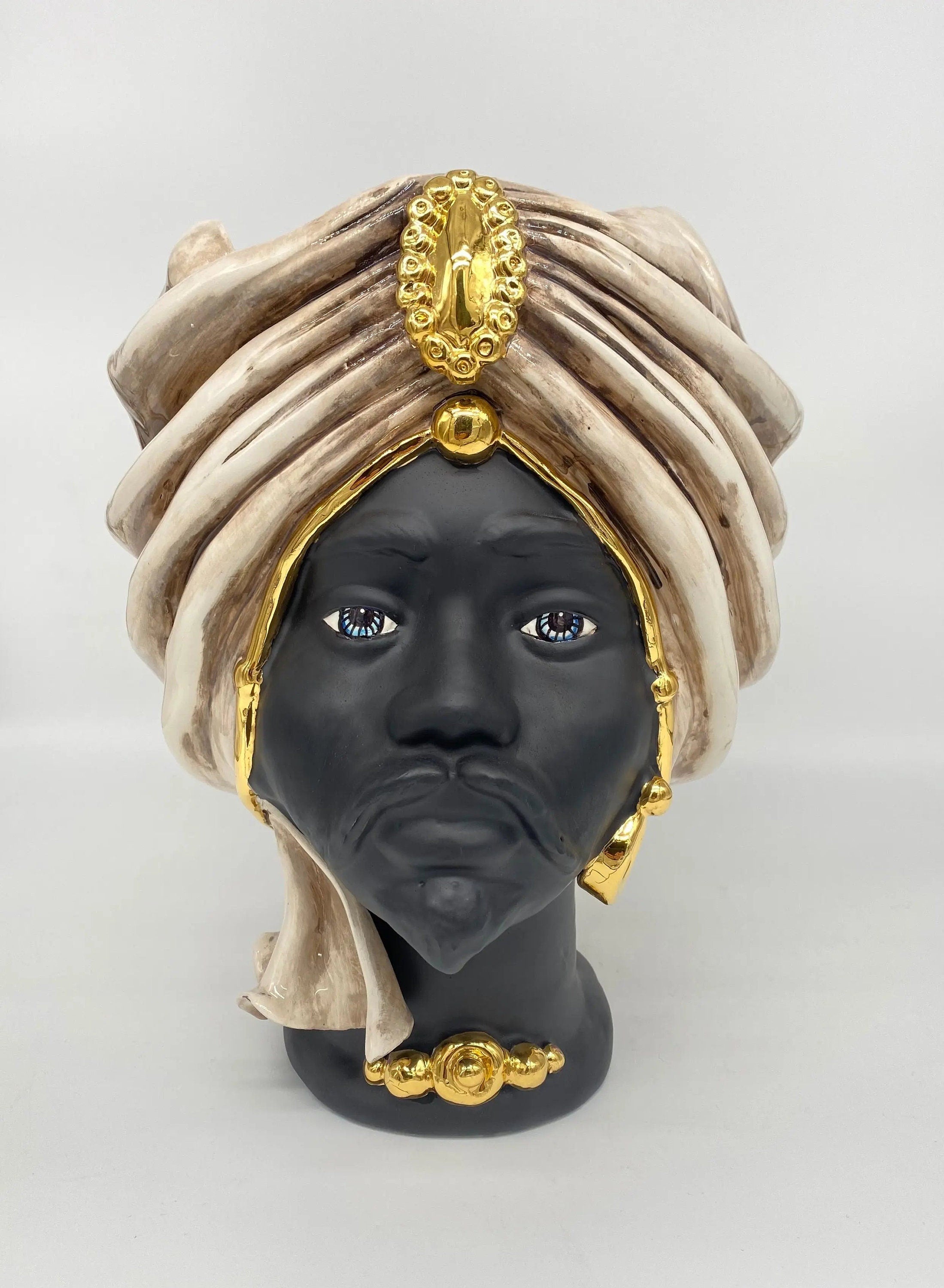 Teste di Moro Atena Ceramica Caltagirone cm H.30 L.23 Artigianale Écru Nero Oro DD CERAMICHE SICILIANE
