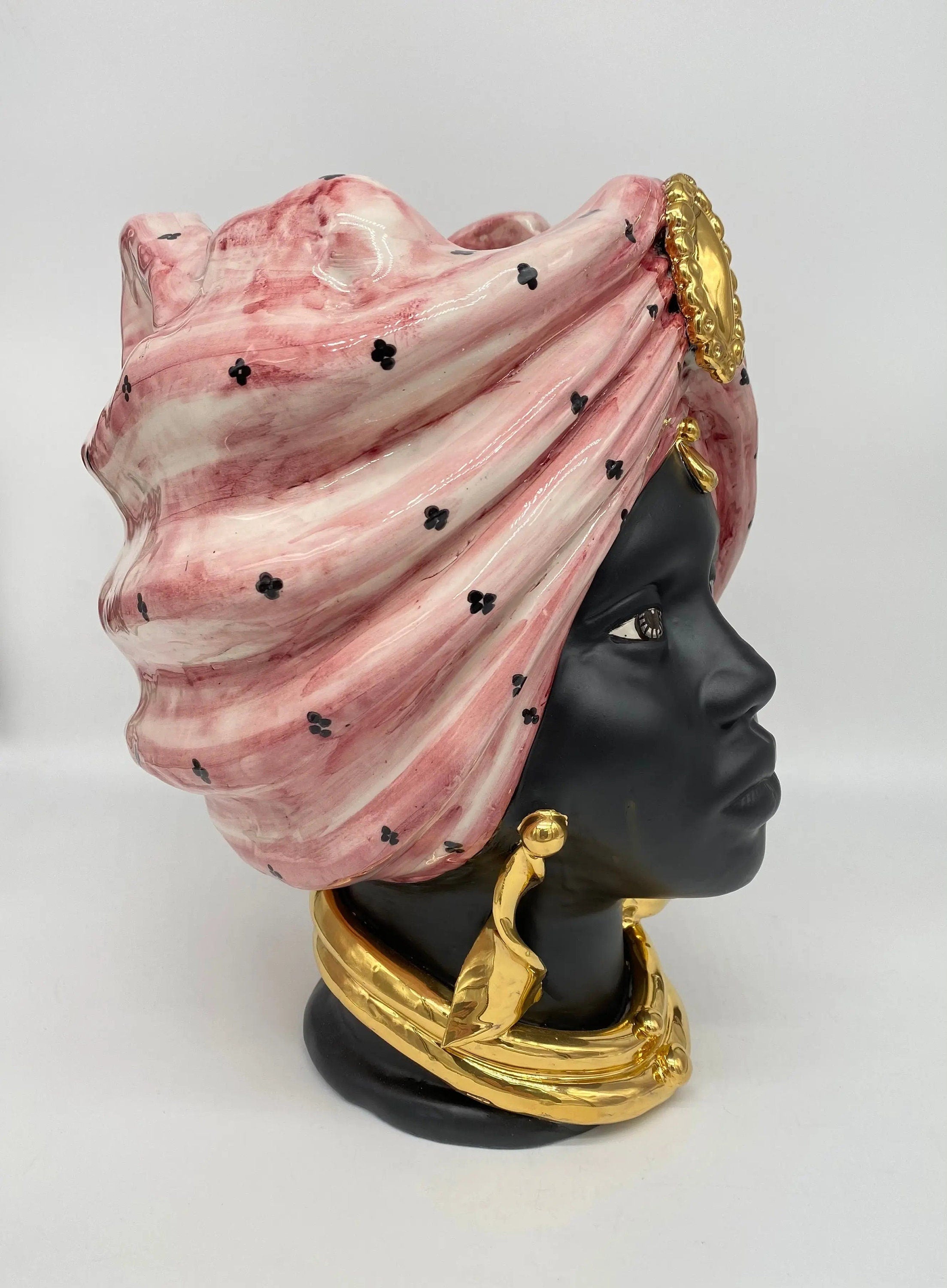 Teste di Moro Atena Ceramica Caltagirone cm H.30 L.23 Artigianale Rosa Pois Nero Oro DD CERAMICHE SICILIANE