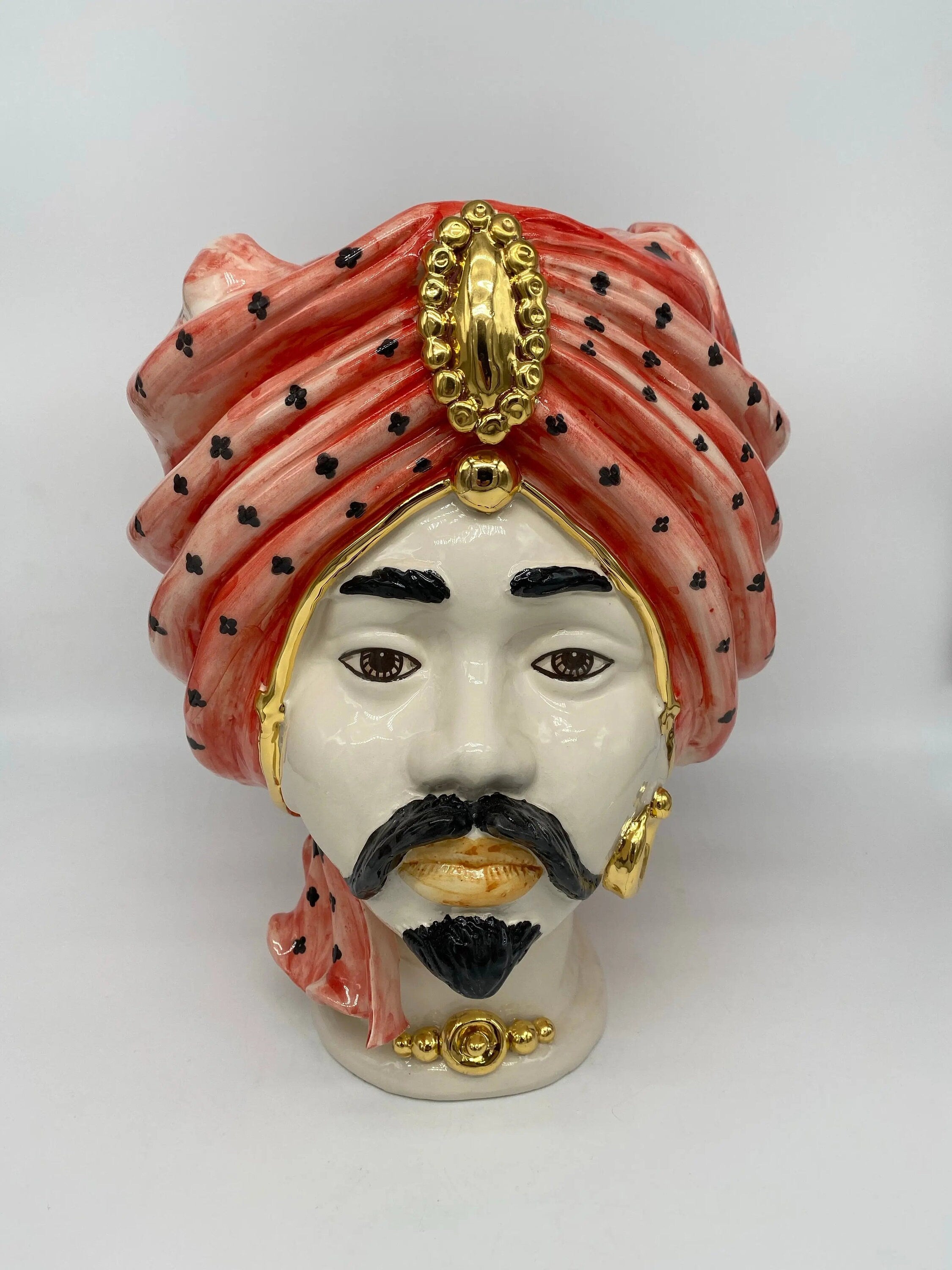 Teste di Moro Atena Ceramica Caltagirone cm H.30 L.23 Artigianale Rosso Pois Oro DD CERAMICHE SICILIANE