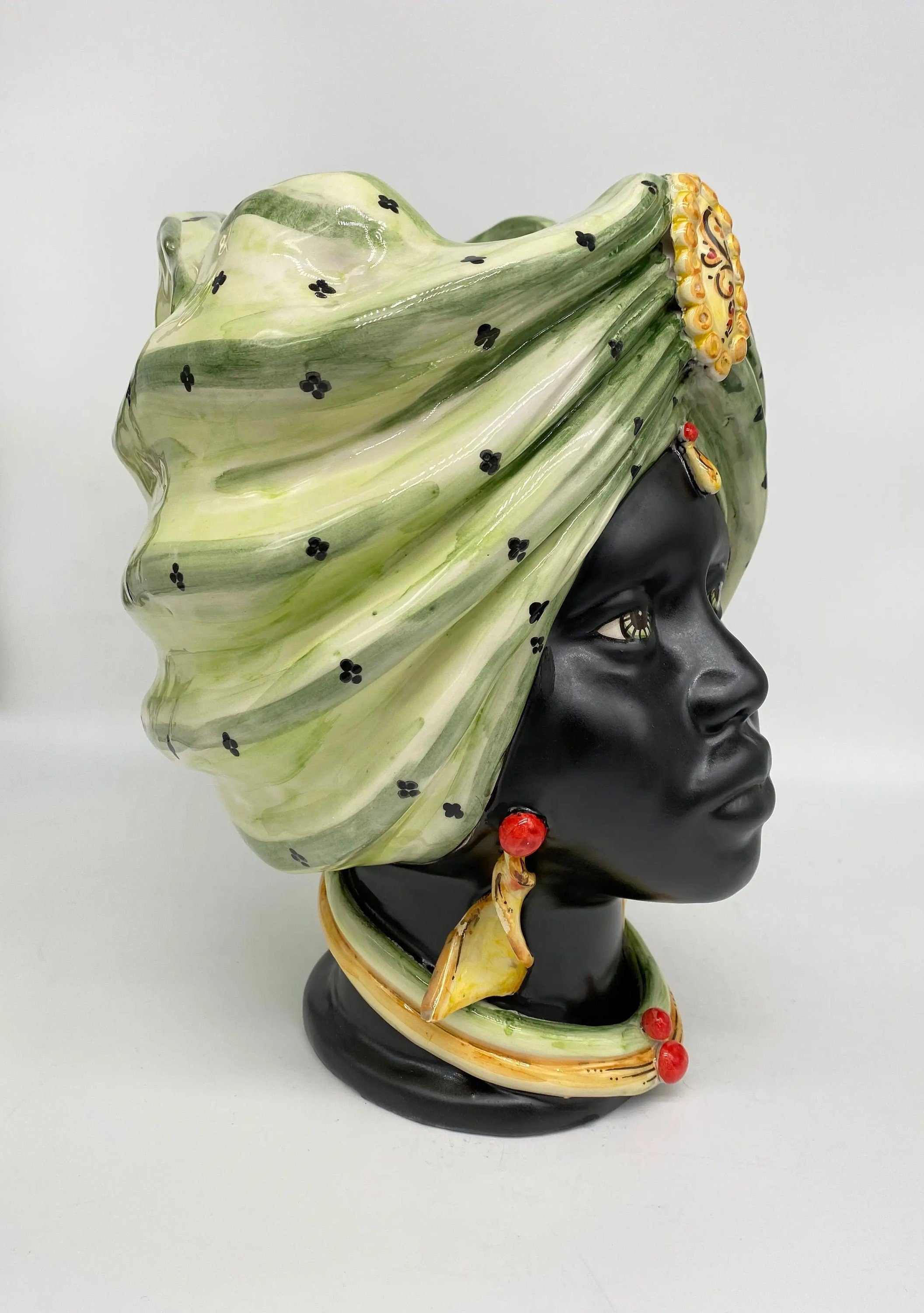 Teste di Moro Atena Ceramica Caltagirone cm H.30 L.23 Artigianale Verde Pois Nero Giallo DD CERAMICHE SICILIANE