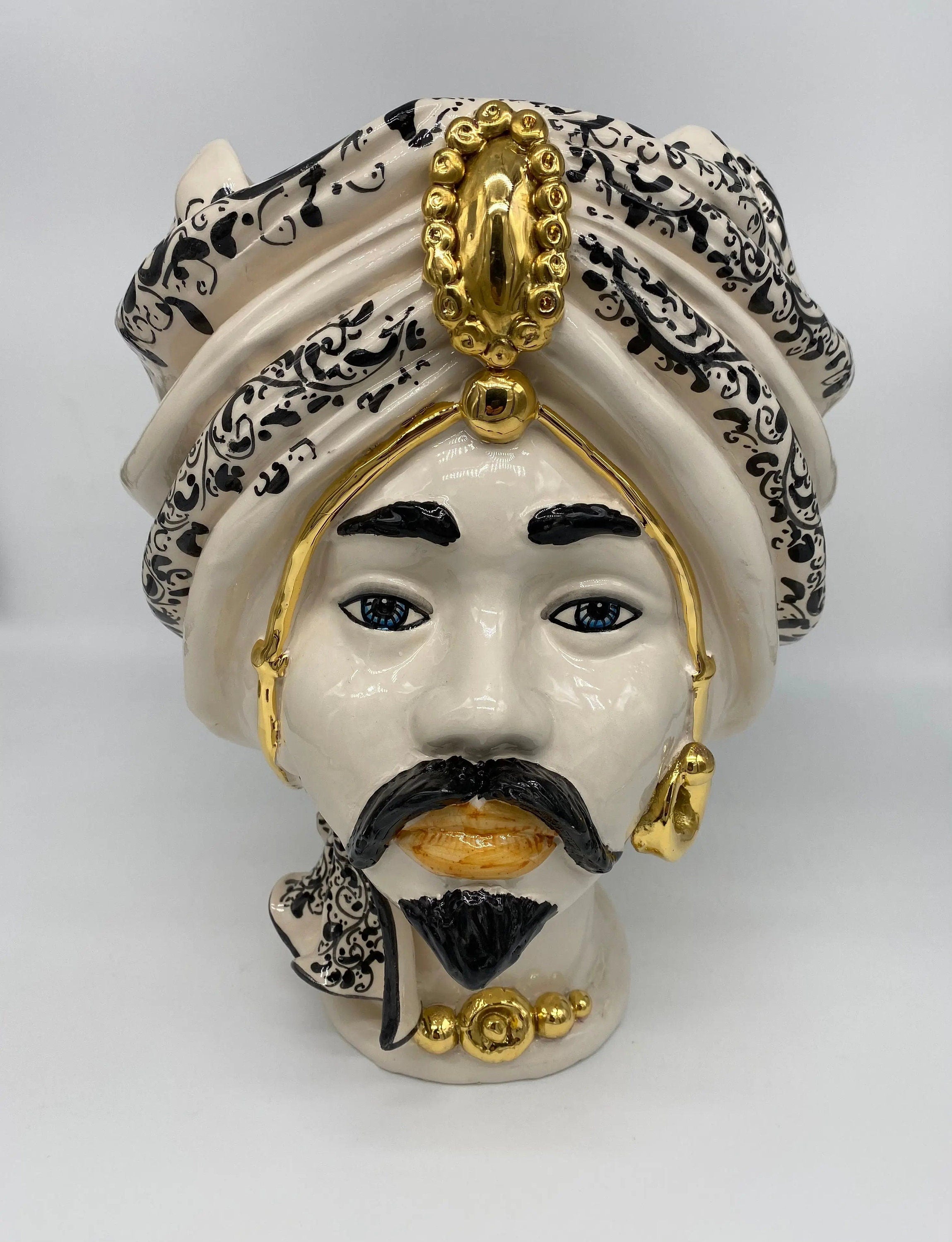 Teste di Moro Atena Ceramica Caltagirone cm H.30 L.23 Artigianale Bianco Decoro Barocco Oro DD CERAMICHE SICILIANE