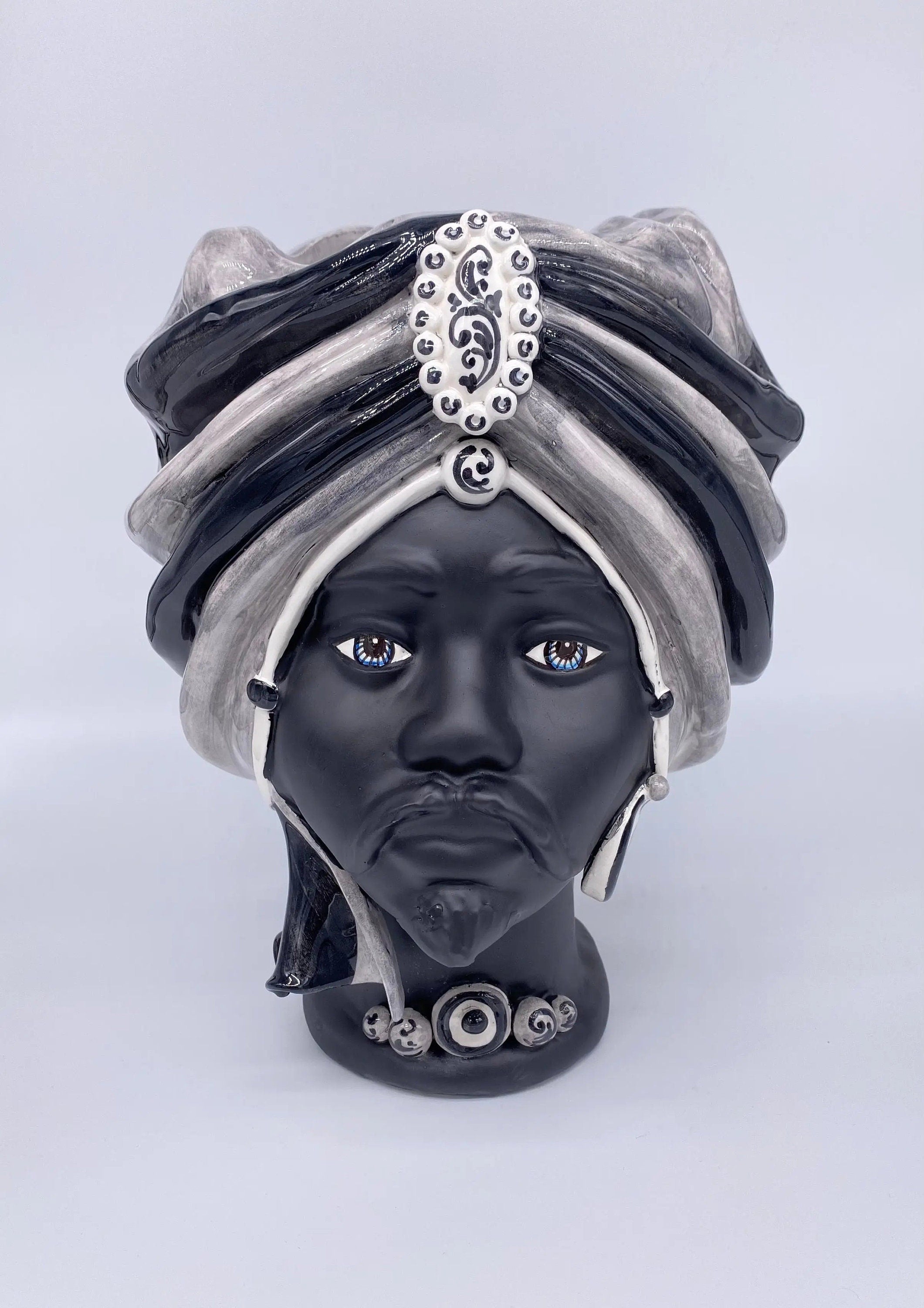 Teste di Moro Atena Ceramica Caltagirone cm H.30 L.23 Artigianale Grigio Nero DD CERAMICHE SICILIANE