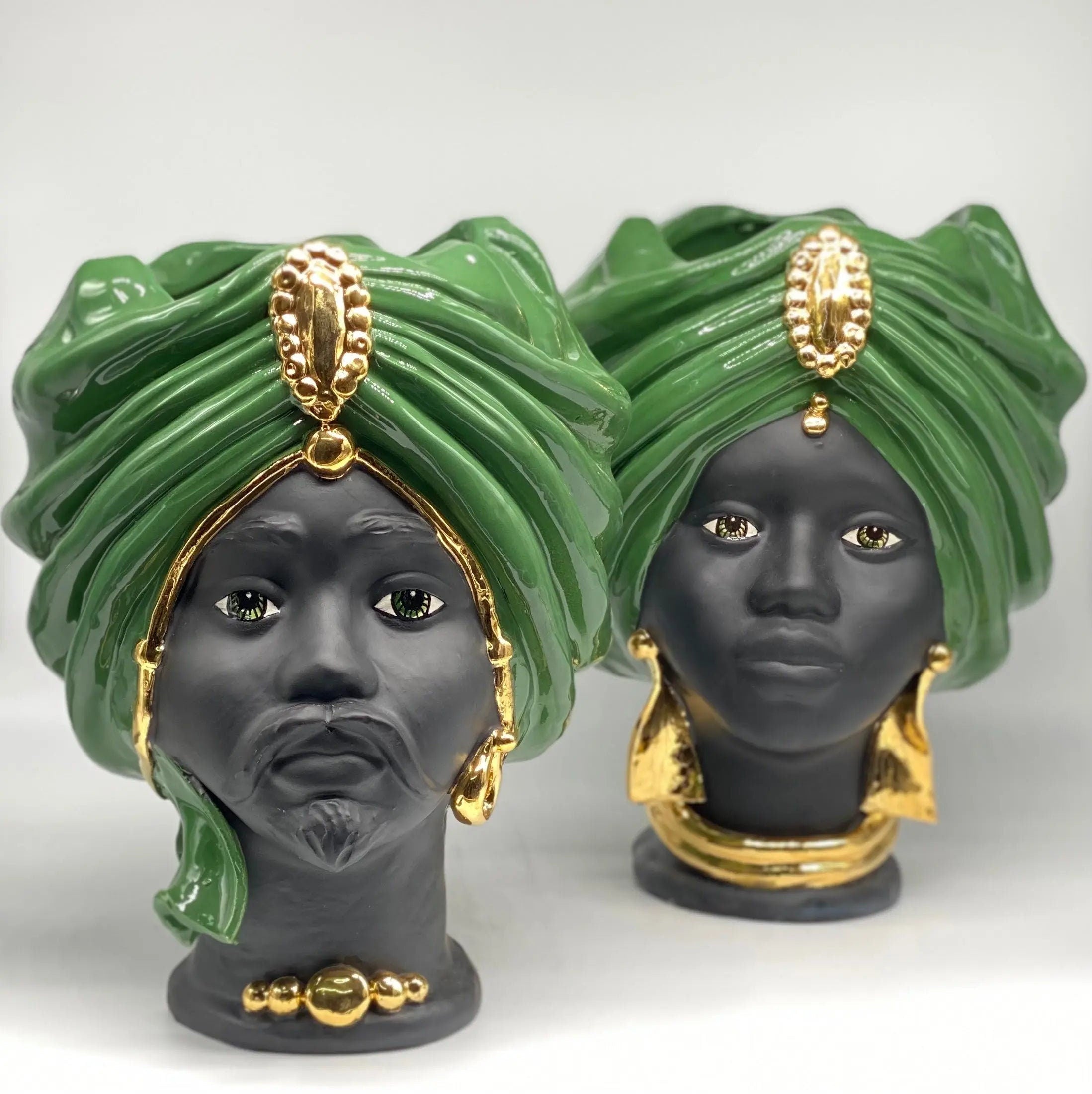 Teste di Moro Atena Ceramica Caltagirone cm H.30 L.23 Artigianale Verde Nero Oro DD CERAMICHE SICILIANE