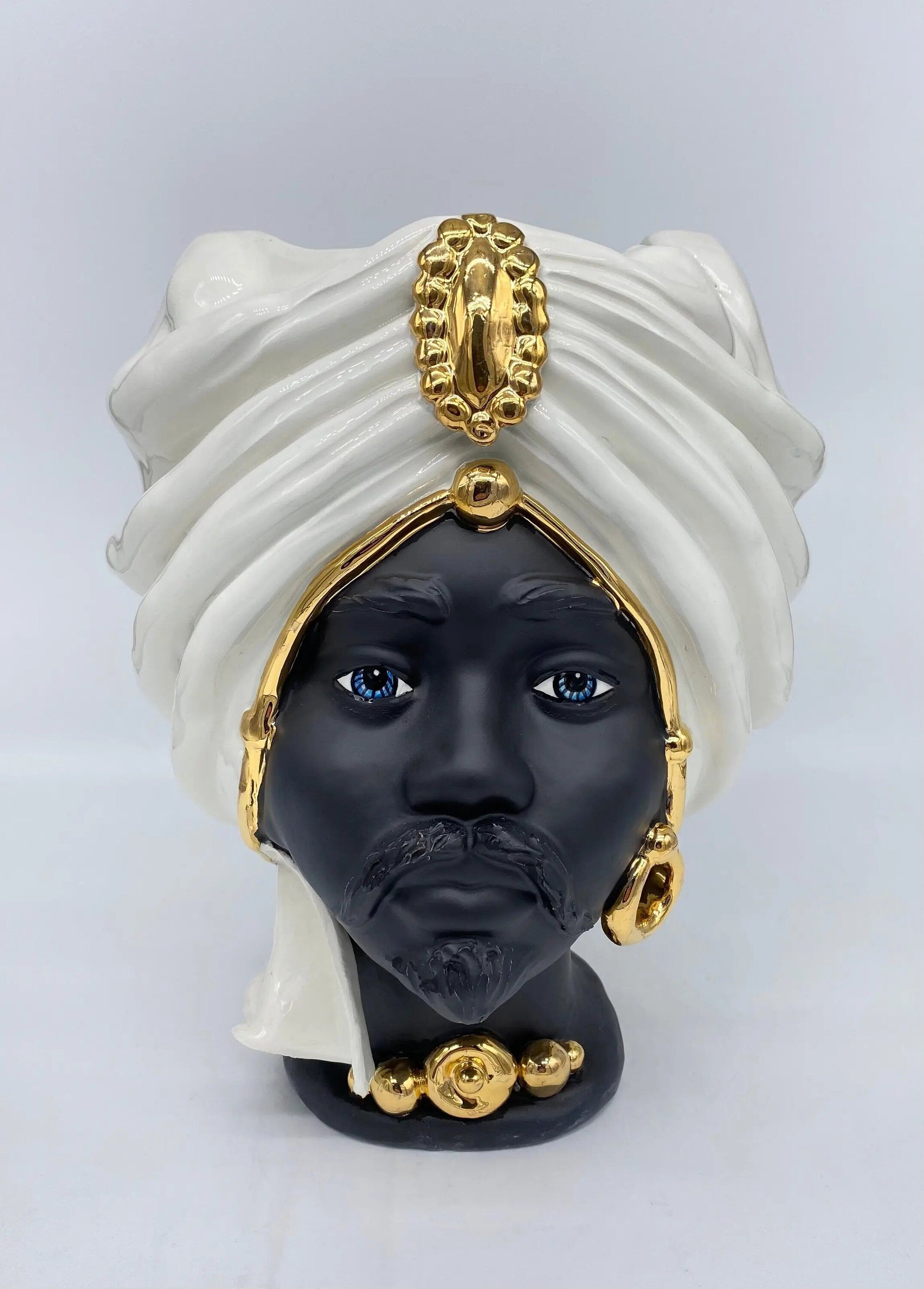 Teste di Moro Atena Ceramica Caltagirone cm H.30 L.23 Artigianale Bianco Nero Oro DD CERAMICHE SICILIANE