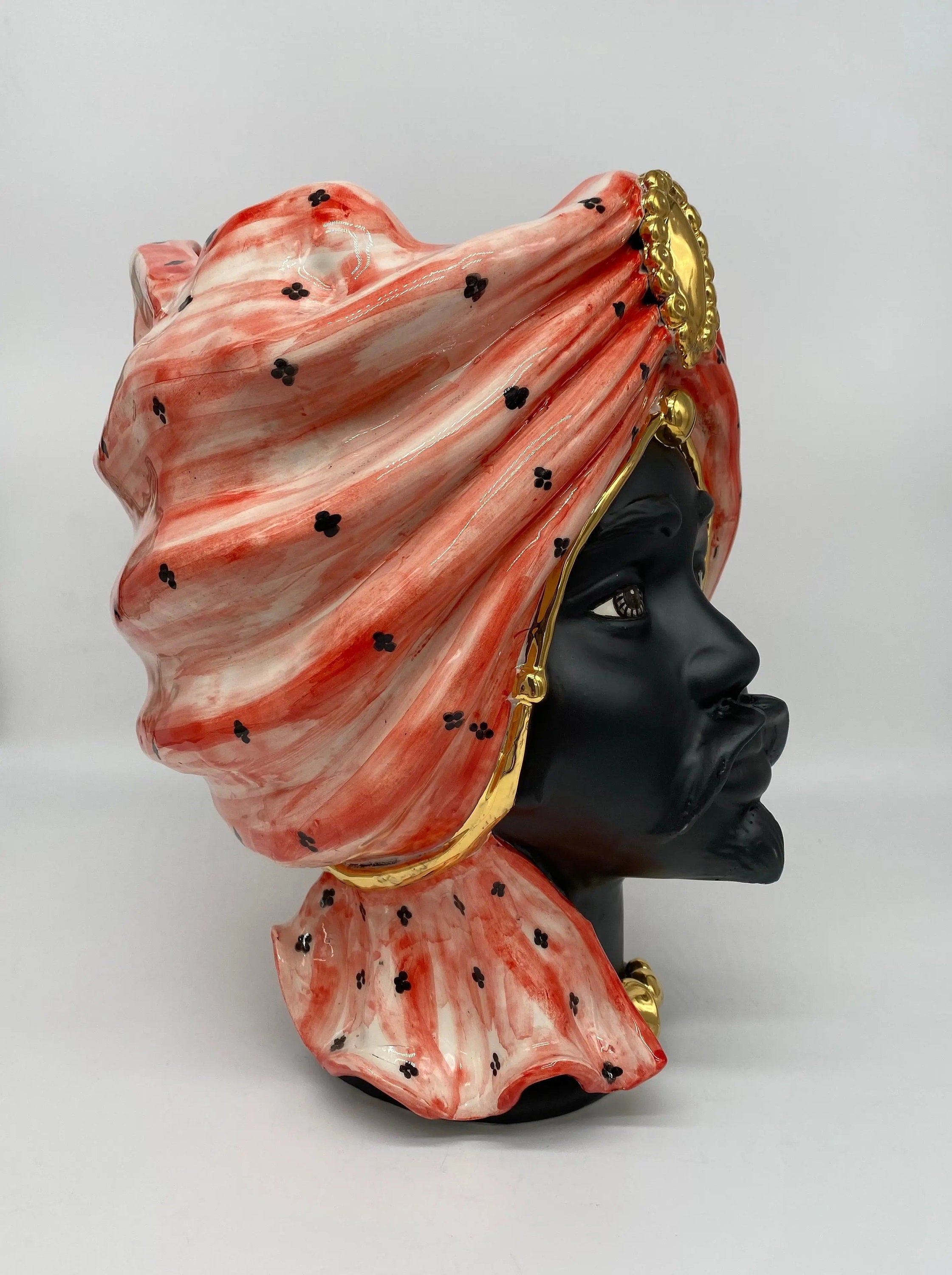 Teste di Moro Atena Ceramica Caltagirone cm H.30 L.23 Artigianale Rosso Pois Nero Oro DD CERAMICHE SICILIANE