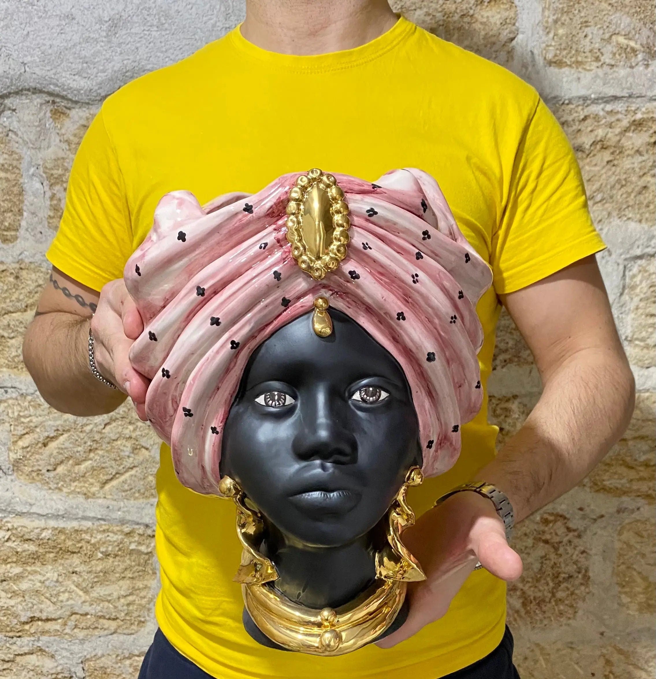Teste di Moro Atena Ceramica Caltagirone cm H.30 L.23 Artigianale Rosa Pois Nero Oro DD CERAMICHE SICILIANE