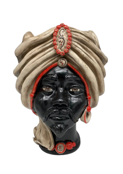 Teste di Moro Atena Ceramica Caltagirone cm H.30 L.23 Artigianale Écru Nero Rosso - DD CERAMICHE SICILIANE