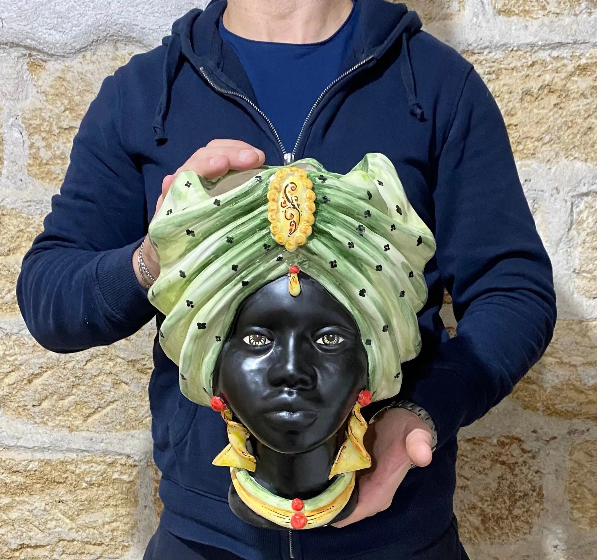 Teste di Moro Atena Ceramica Caltagirone cm H.30 L.23 Artigianale Verde Pois Nero Giallo DD CERAMICHE SICILIANE