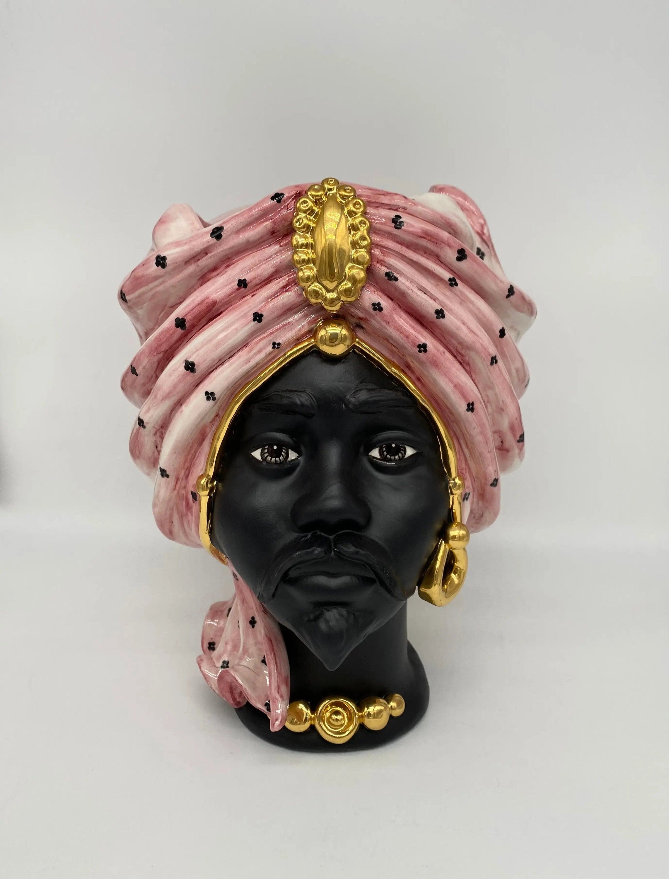 Teste di Moro Atena Ceramica Caltagirone cm H.30 L.23 Artigianale Rosa Pois Nero Oro DD CERAMICHE SICILIANE