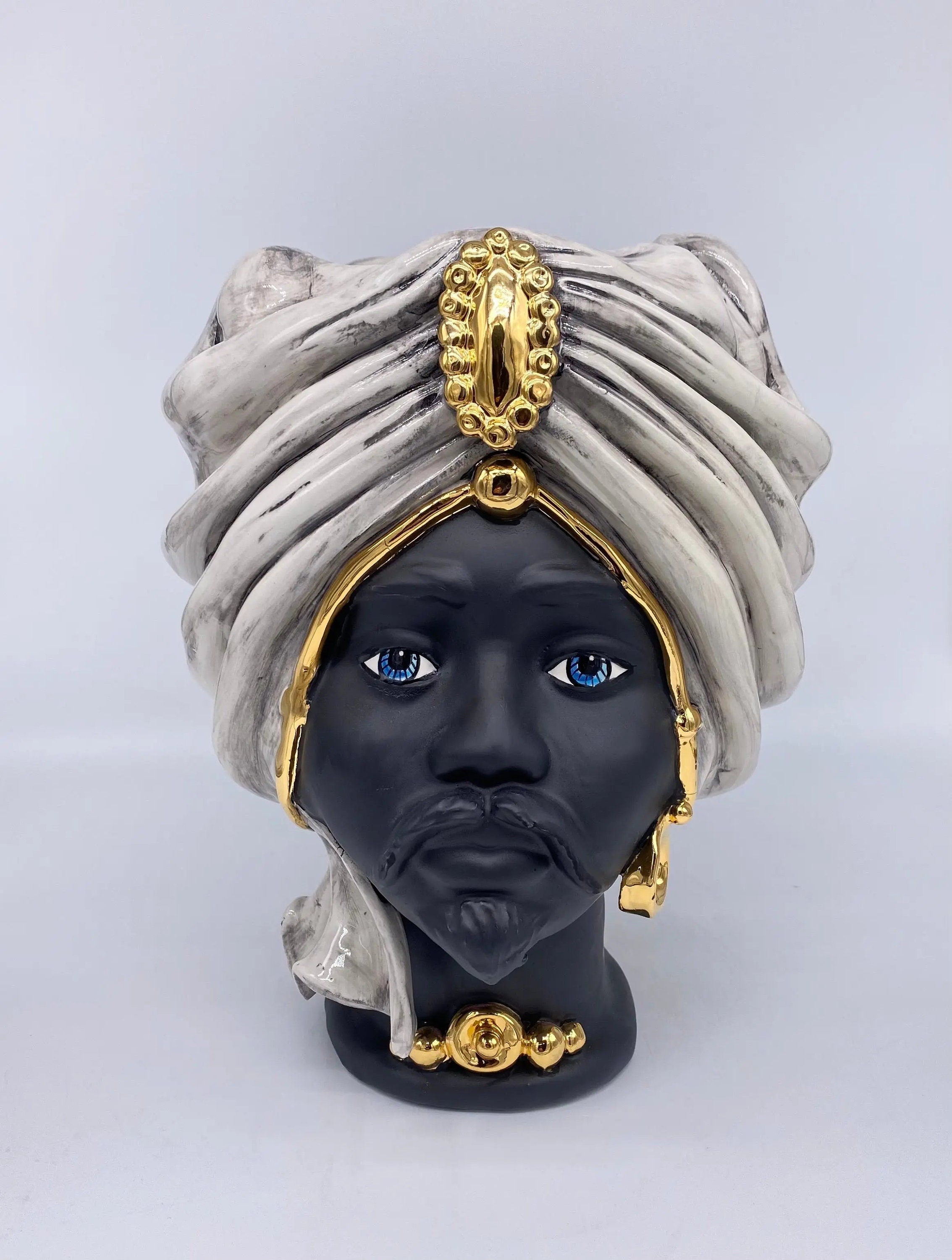 Teste di Moro Atena Ceramica Caltagirone cm H.30 L.23 Artigianale Ghiaccio Nero Oro DD CERAMICHE SICILIANE