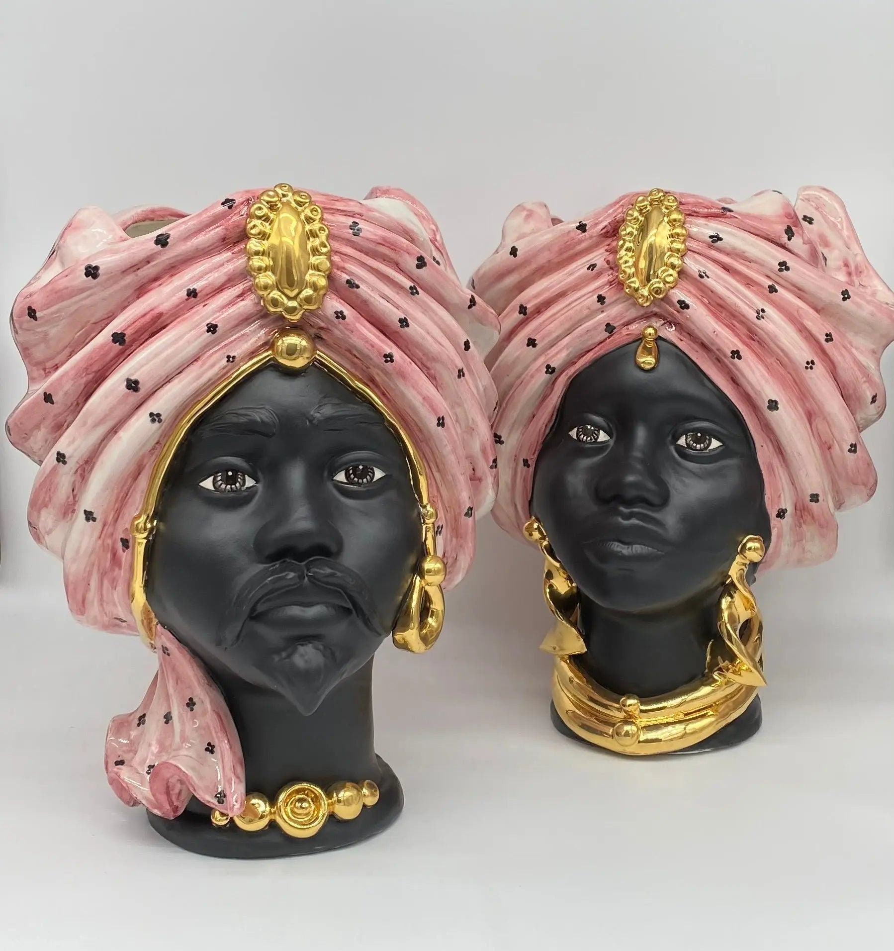 Teste di Moro Atena Ceramica Caltagirone cm H.30 L.23 Artigianale Rosa Pois Nero Oro DD CERAMICHE SICILIANE