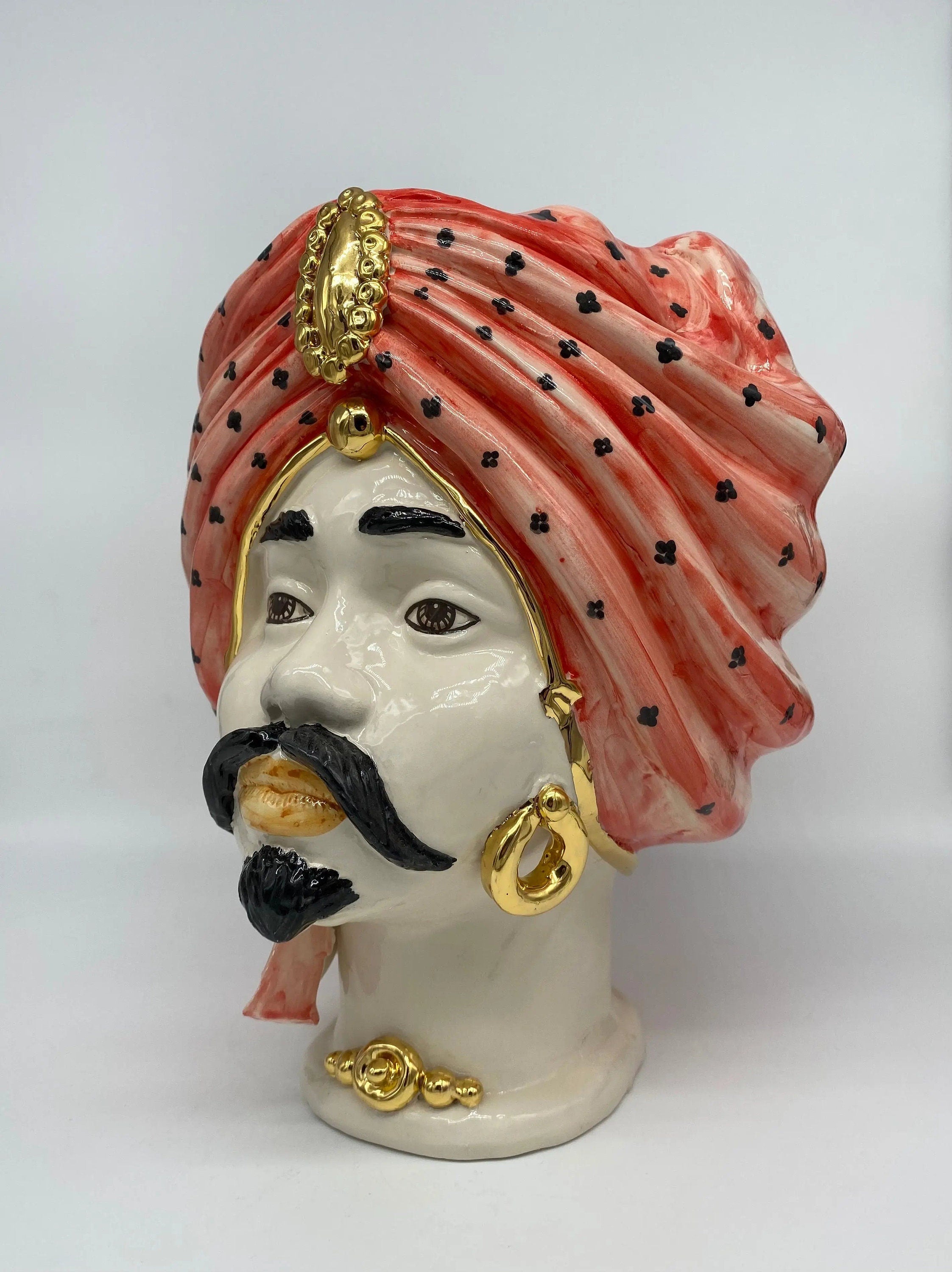 Teste di Moro Atena Ceramica Caltagirone cm H.30 L.23 Artigianale Rosso Pois Oro DD CERAMICHE SICILIANE