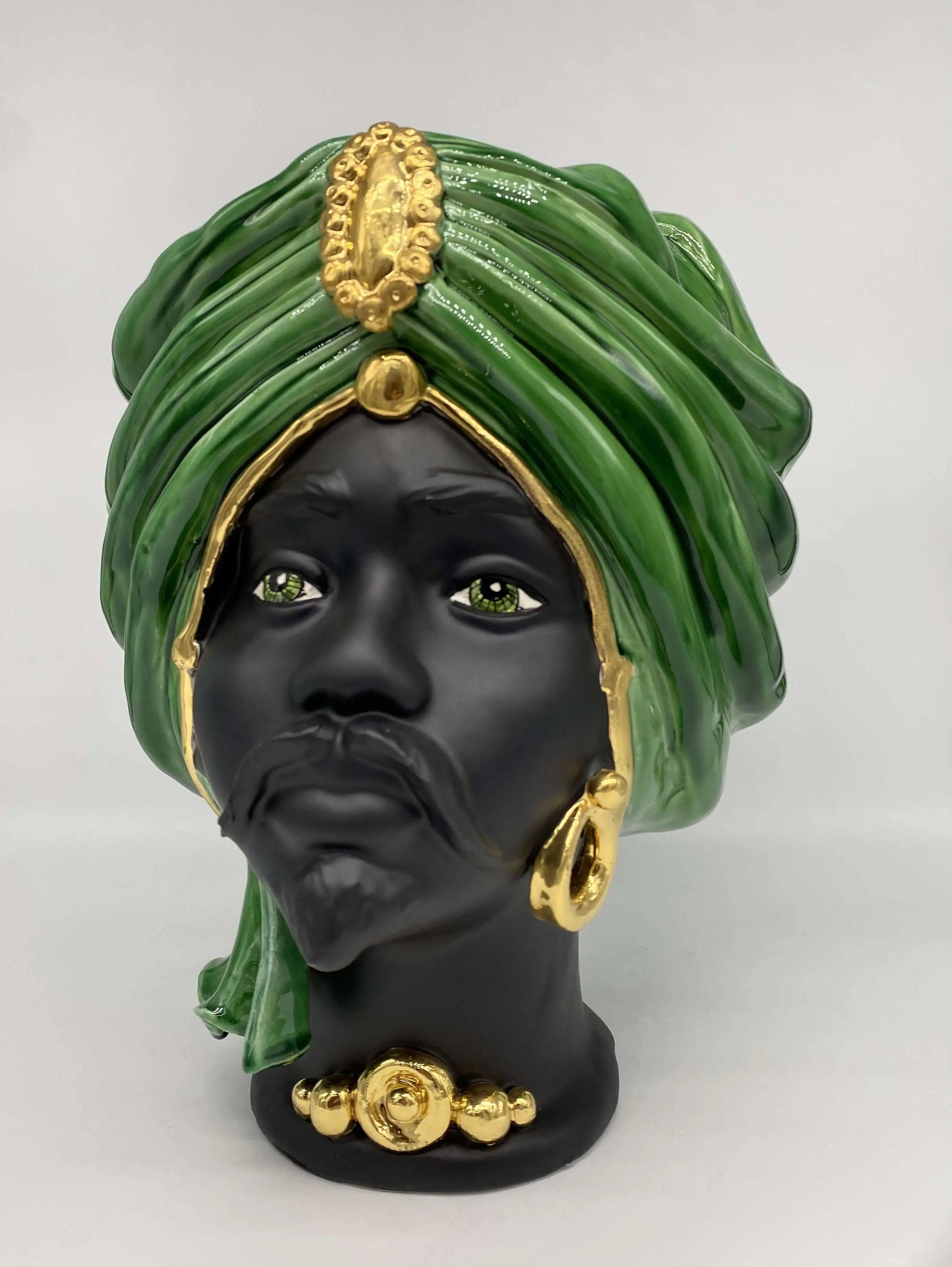 Teste di Moro Atena Ceramica Caltagirone cm H.30 L.23 Artigianale Verde Cristallo Nero Oro DD CERAMICHE SICILIANE
