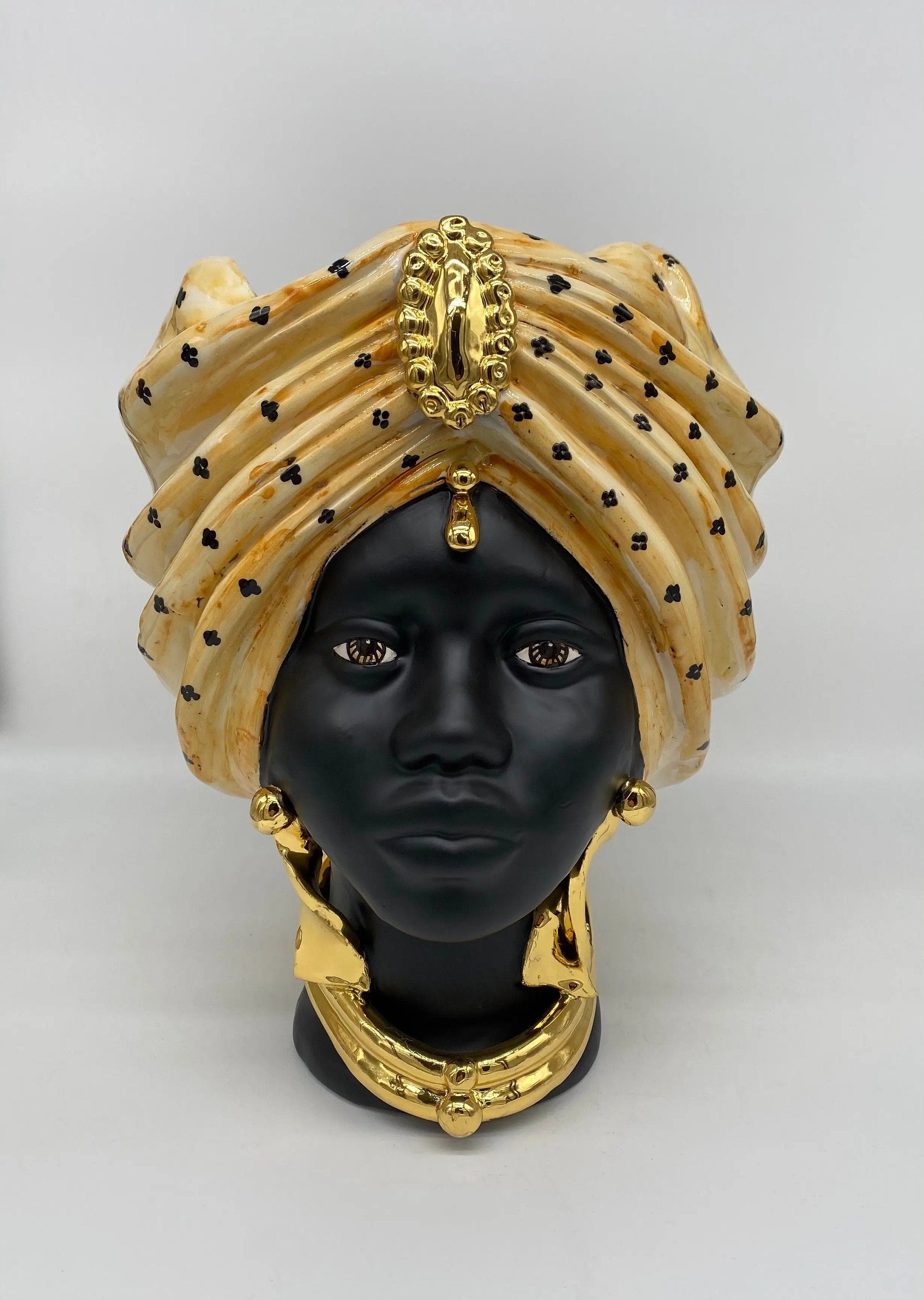 Teste di Moro Atena Ceramica Caltagirone cm H.30 L.23 Artigianale Arancio Pois Nero Oro DD CERAMICHE SICILIANE