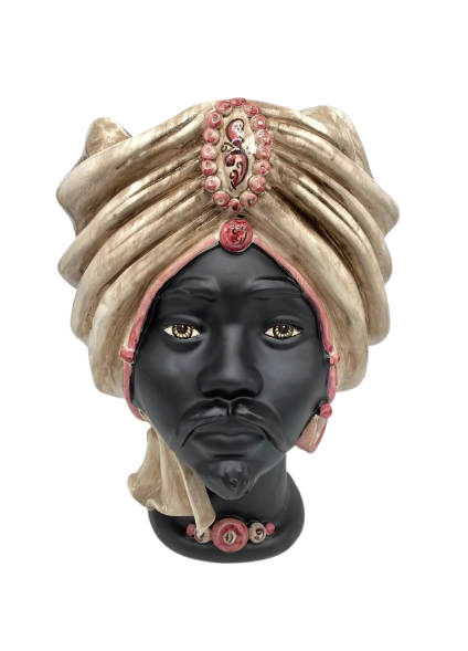 Teste di Moro Atena Ceramica Caltagirone cm H.30 L.23 Artigianale Écru Nero Viola - DD CERAMICHE SICILIANE