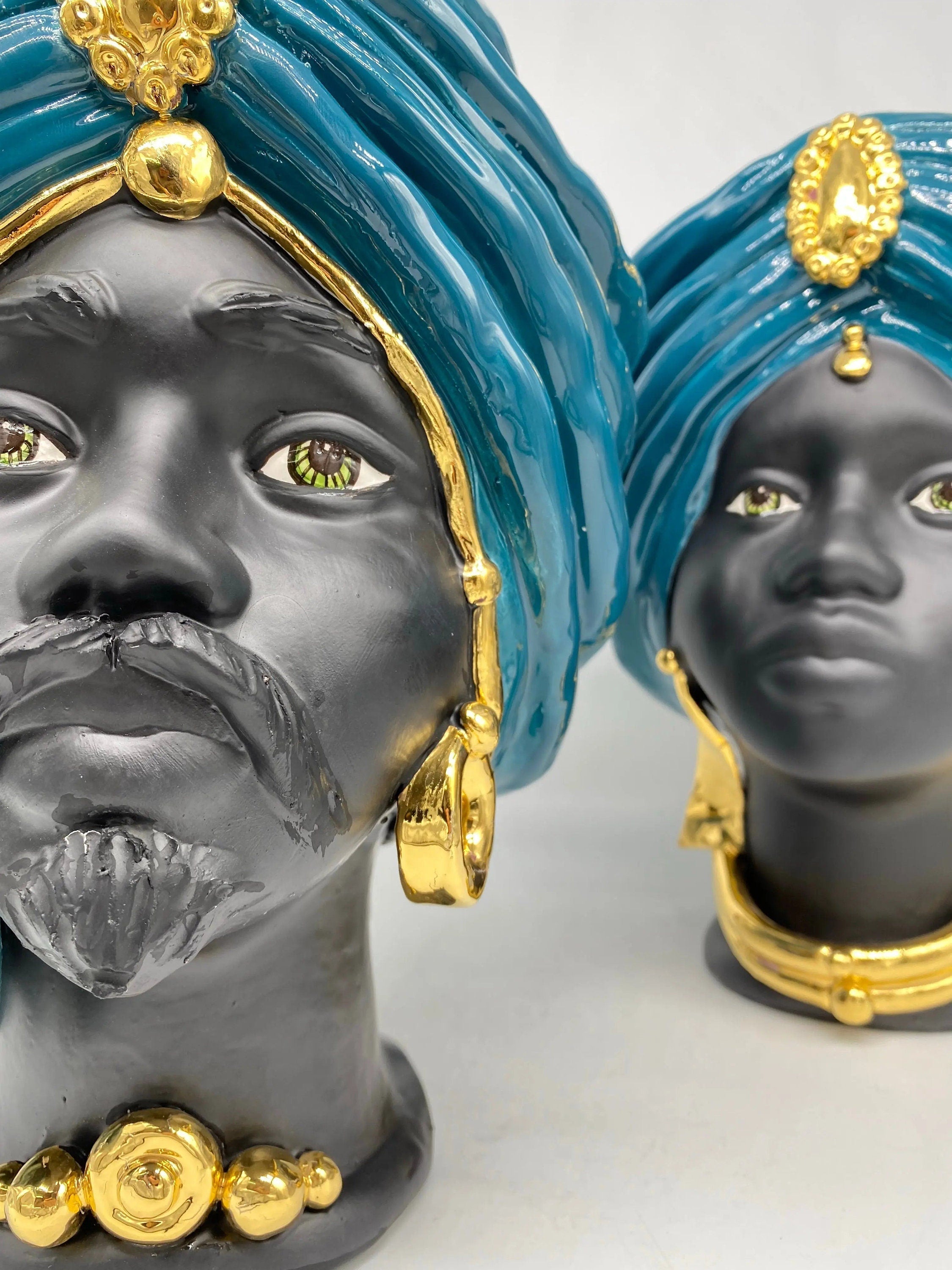 Teste di Moro Atena Ceramica Caltagirone cm H.30 L.23 Artigianale Verde Ottanio Nero Oro DD CERAMICHE SICILIANE