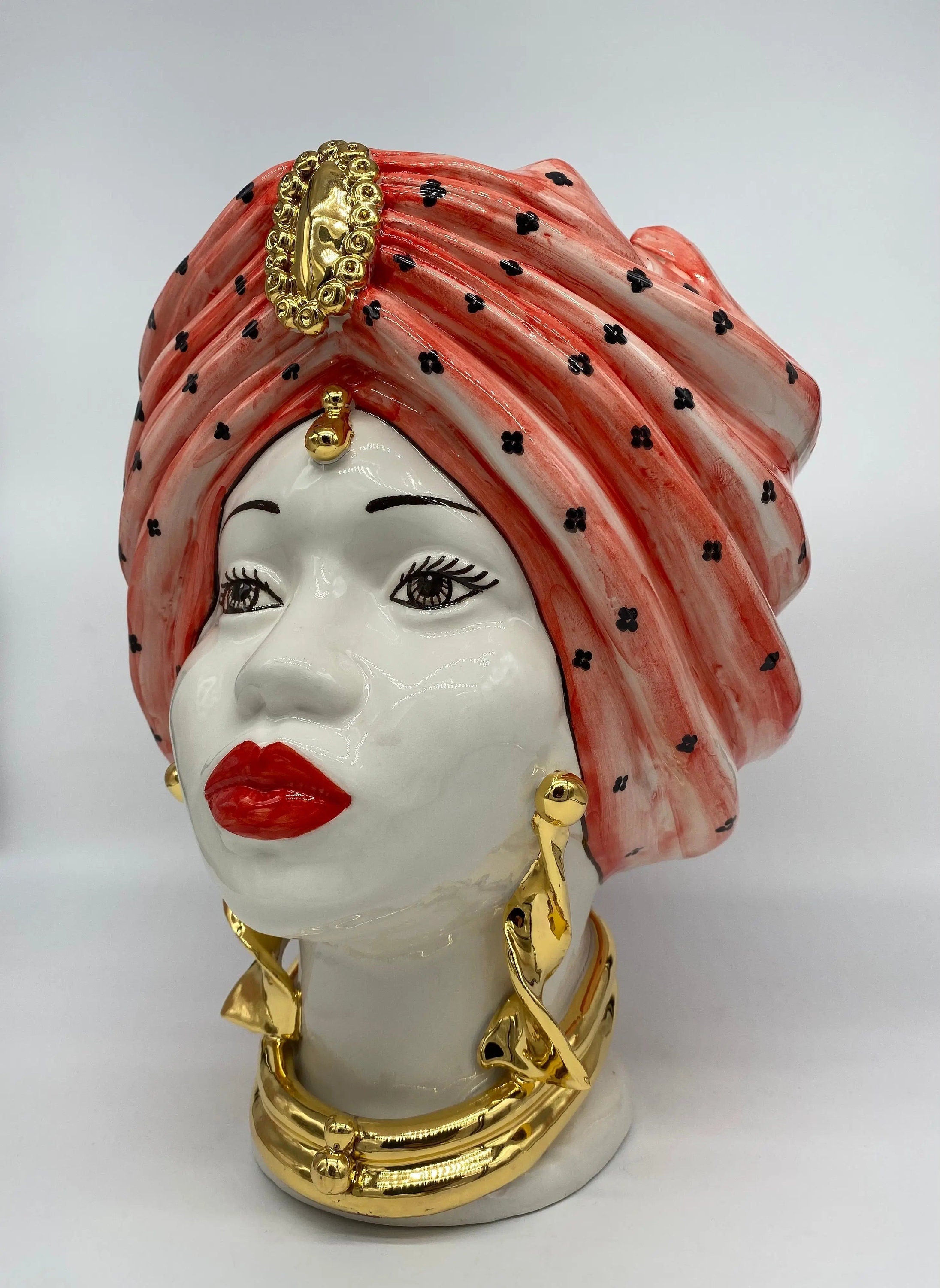 Teste di Moro Atena Ceramica Caltagirone cm H.30 L.23 Artigianale Rosso Pois Oro DD CERAMICHE SICILIANE