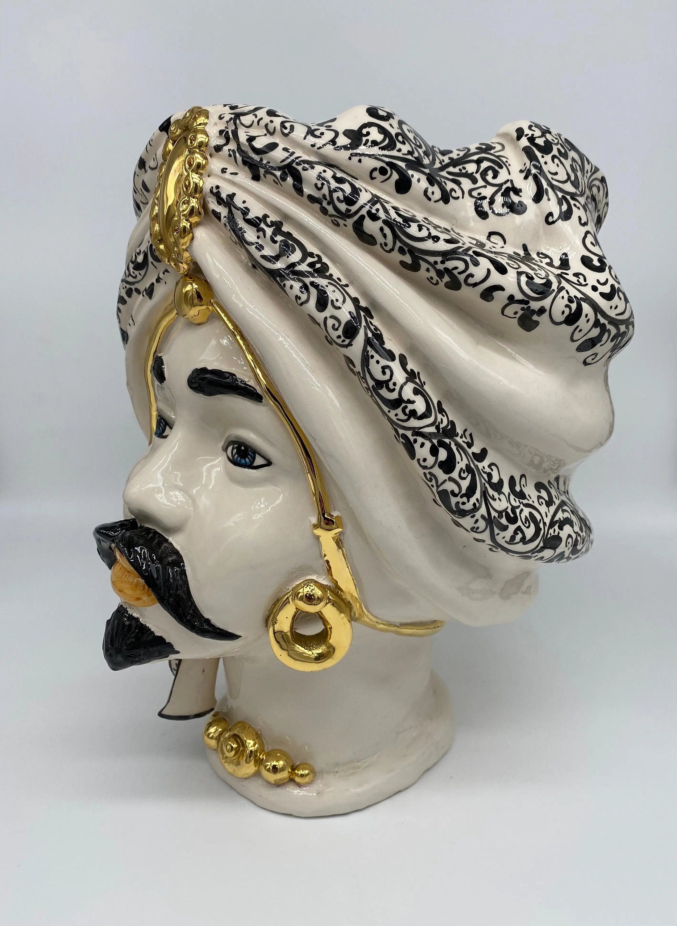 Teste di Moro Atena Ceramica Caltagirone cm H.30 L.23 Artigianale Bianco Decoro Barocco Oro DD CERAMICHE SICILIANE