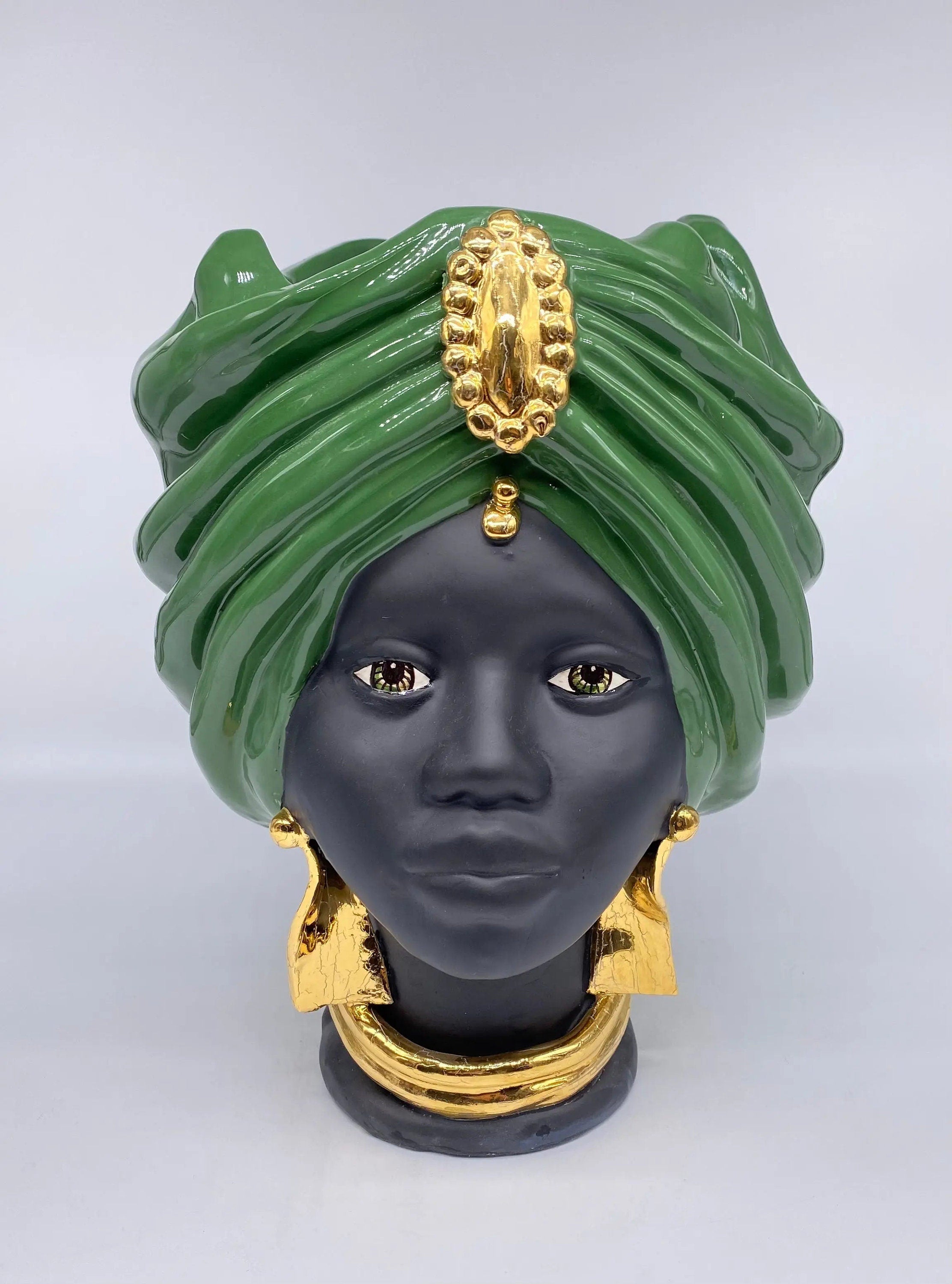 Teste di Moro Atena Ceramica Caltagirone cm H.30 L.23 Artigianale Verde Nero Oro DD CERAMICHE SICILIANE