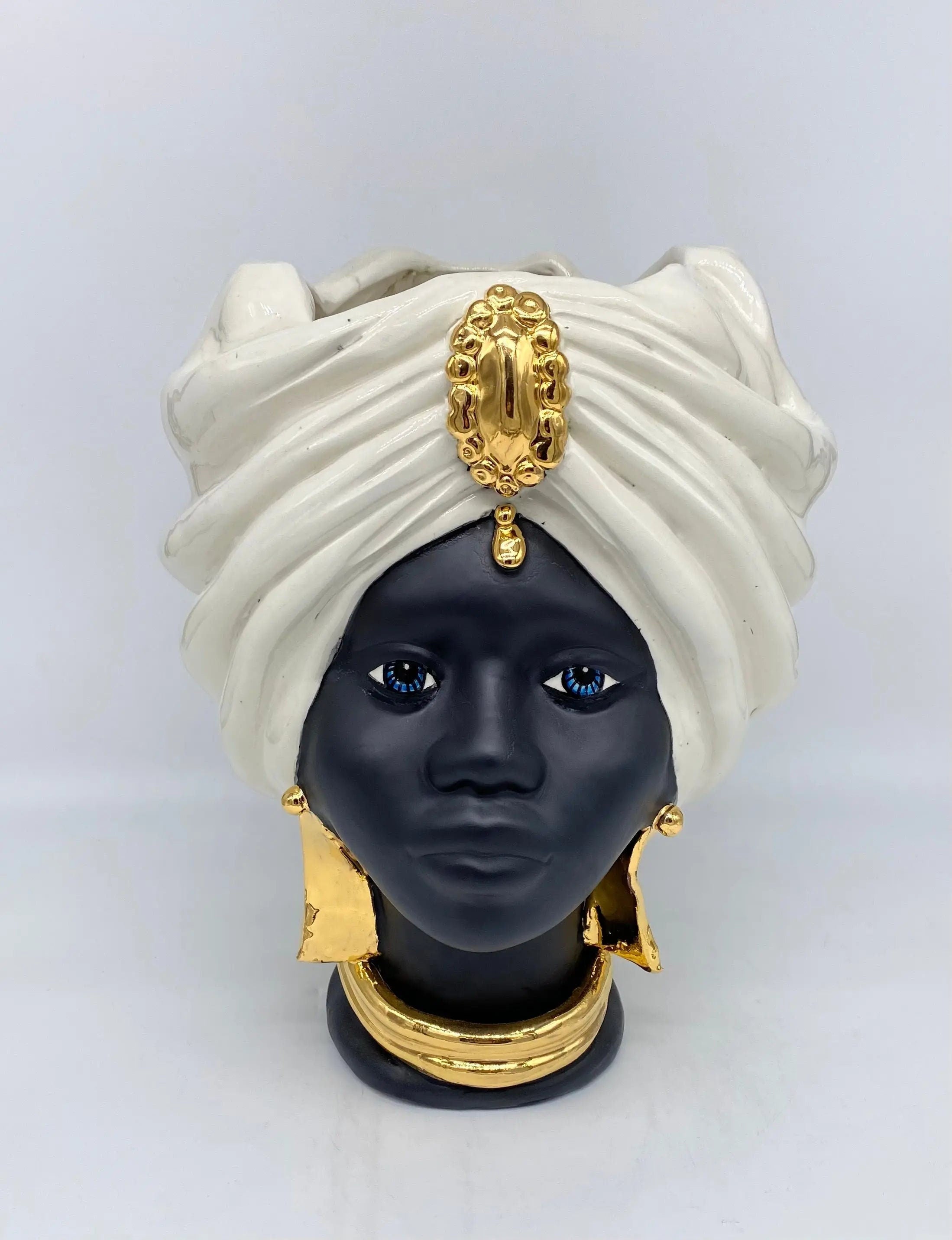 Teste di Moro Atena Ceramica Caltagirone cm H.30 L.23 Artigianale Bianco Nero Oro DD CERAMICHE SICILIANE