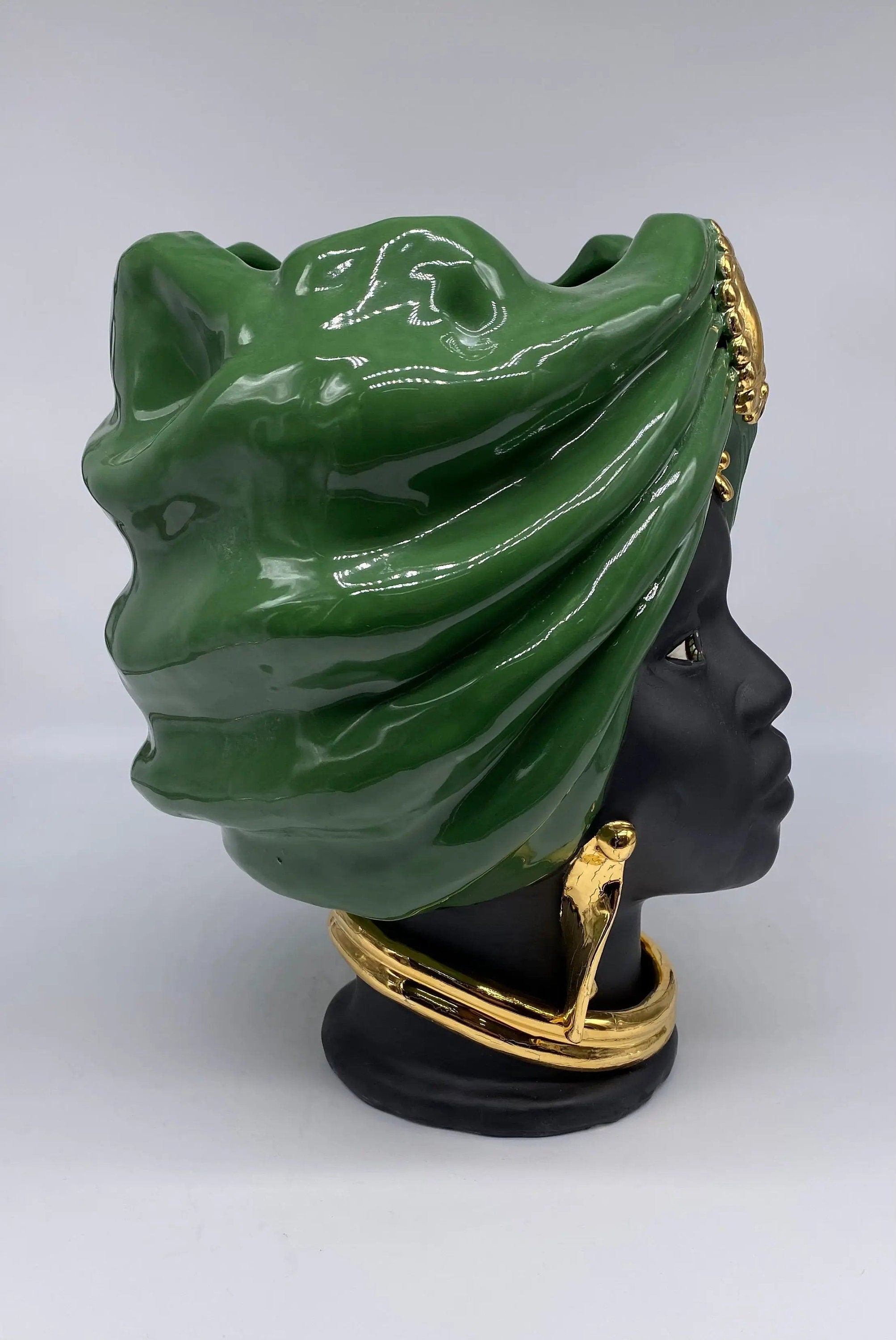 Teste di Moro Atena Ceramica Caltagirone cm H.30 L.23 Artigianale Verde Nero Oro DD CERAMICHE SICILIANE