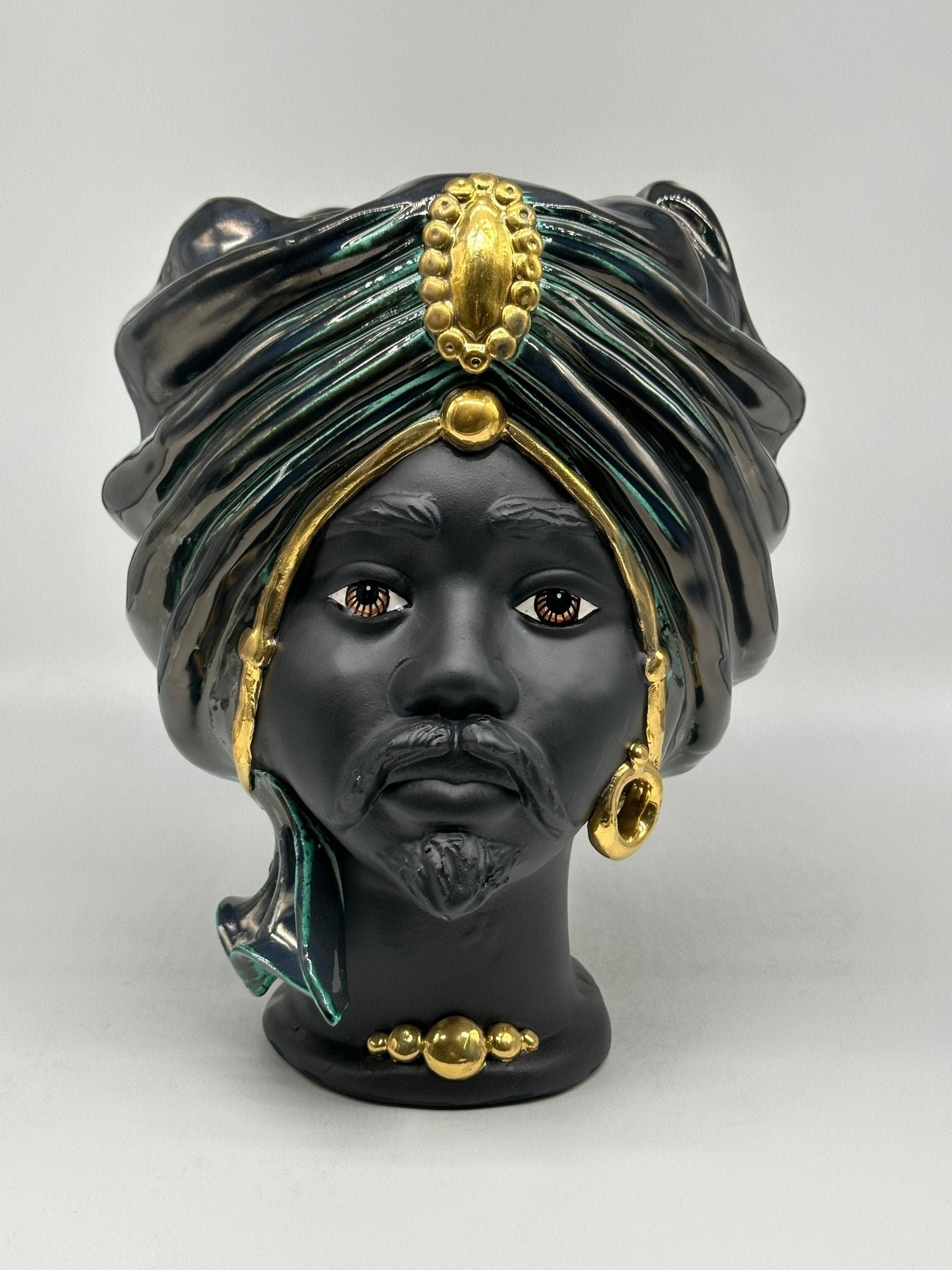 Teste di Moro Atena Ceramica Caltagirone cm H.30 L.23 Artigianale Verde Rame Nero Oro - DD CERAMICHE SICILIANE
