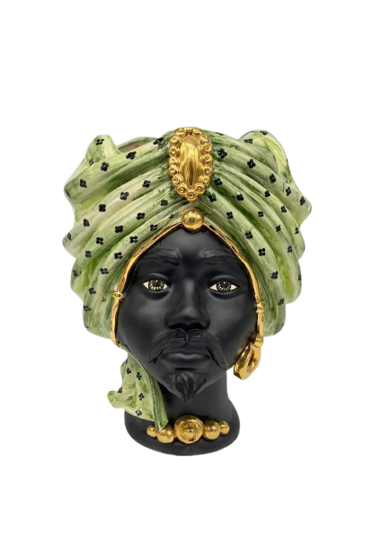 Teste di Moro Atena Ceramica Caltagirone cm H.30 L.23 Artigianale Verde Pois Nero Oro - DD CERAMICHE SICILIANE