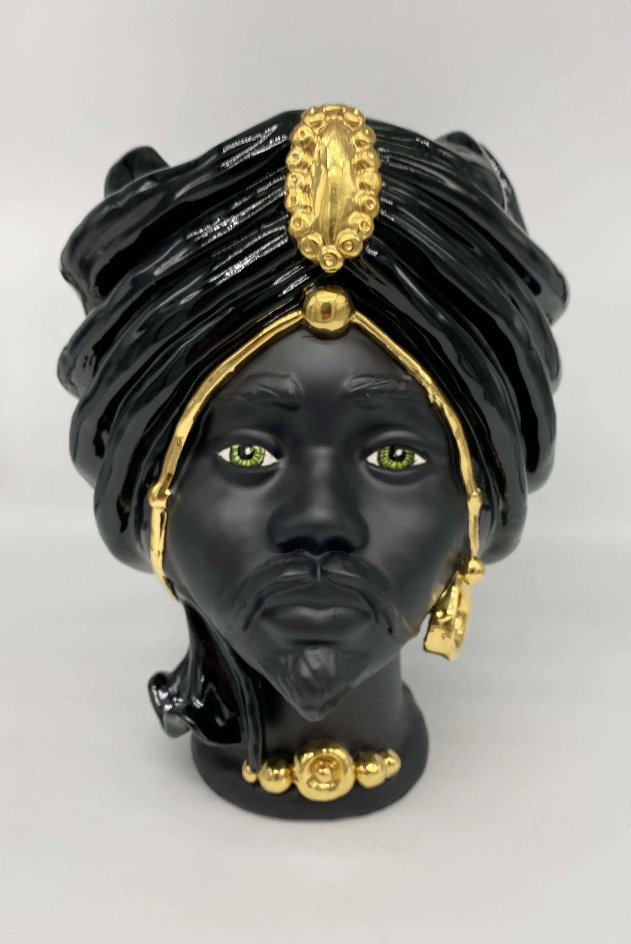 Teste di Moro Atena Ceramica Caltagirone cm H.30 L.23 Artigianale Nero Oro DD CERAMICHE SICILIANE