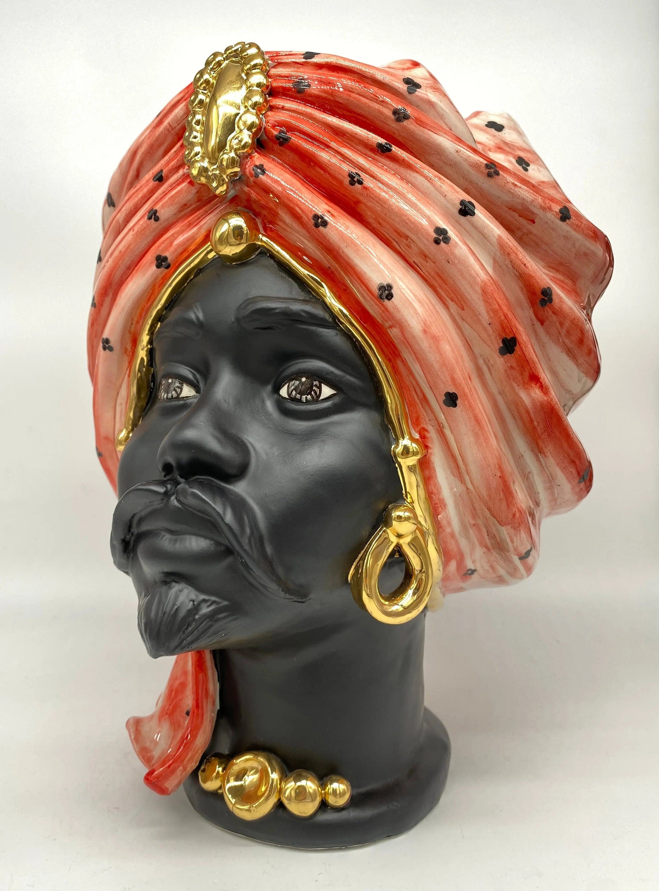 Teste di Moro Atena Ceramica Caltagirone cm H.30 L.23 Artigianale Rosso Pois Nero Oro DD CERAMICHE SICILIANE