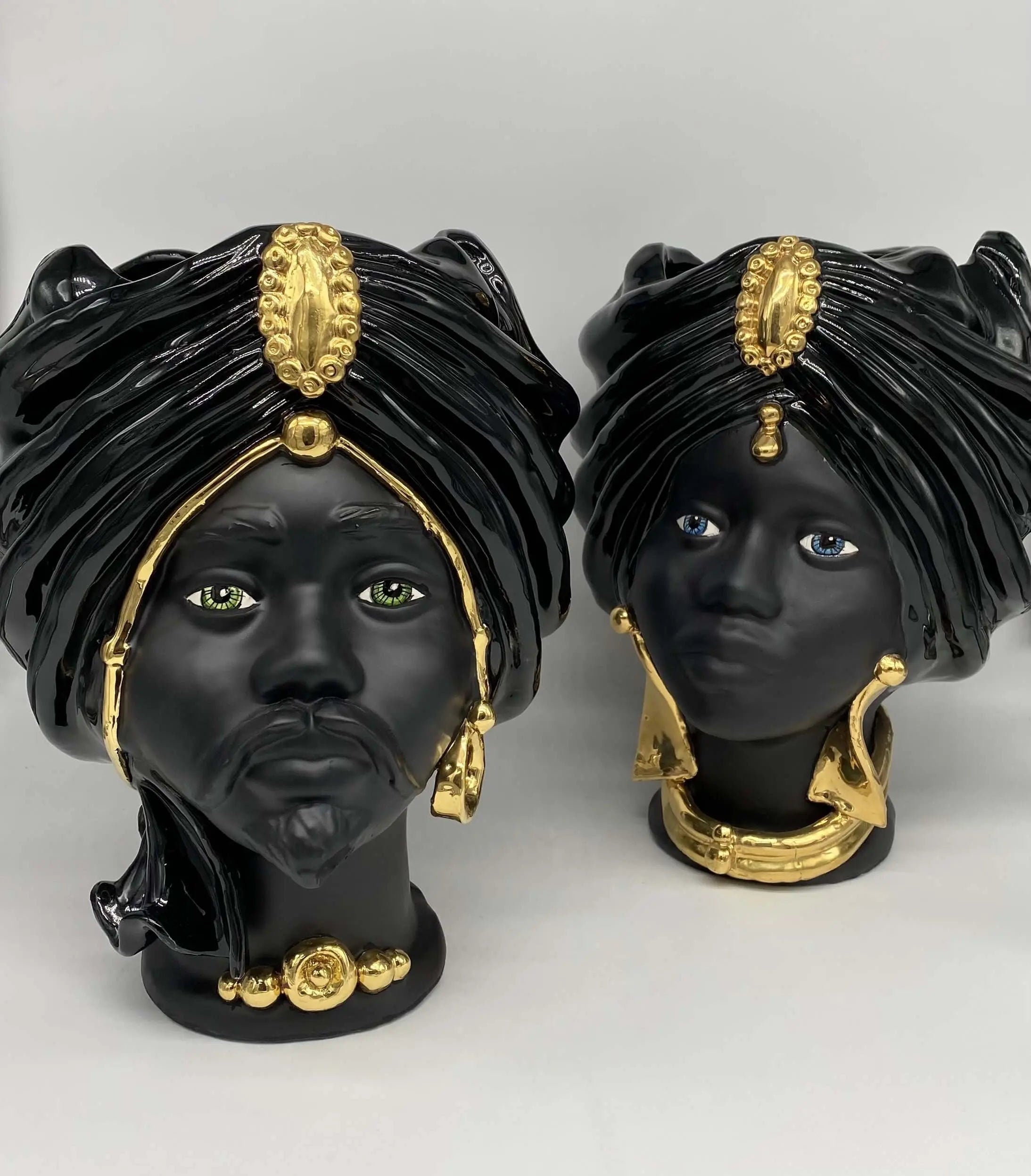 Teste di Moro Atena Ceramica Caltagirone cm H.30 L.23 Artigianale Nero Oro DD CERAMICHE SICILIANE