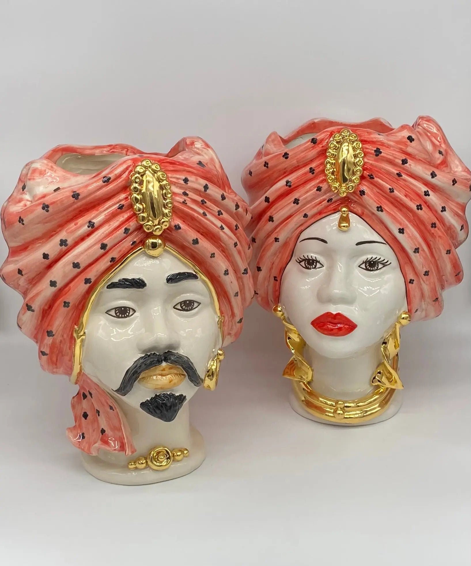 Teste di Moro Atena Ceramica Caltagirone cm H.30 L.23 Artigianale Rosso Pois Oro DD CERAMICHE SICILIANE