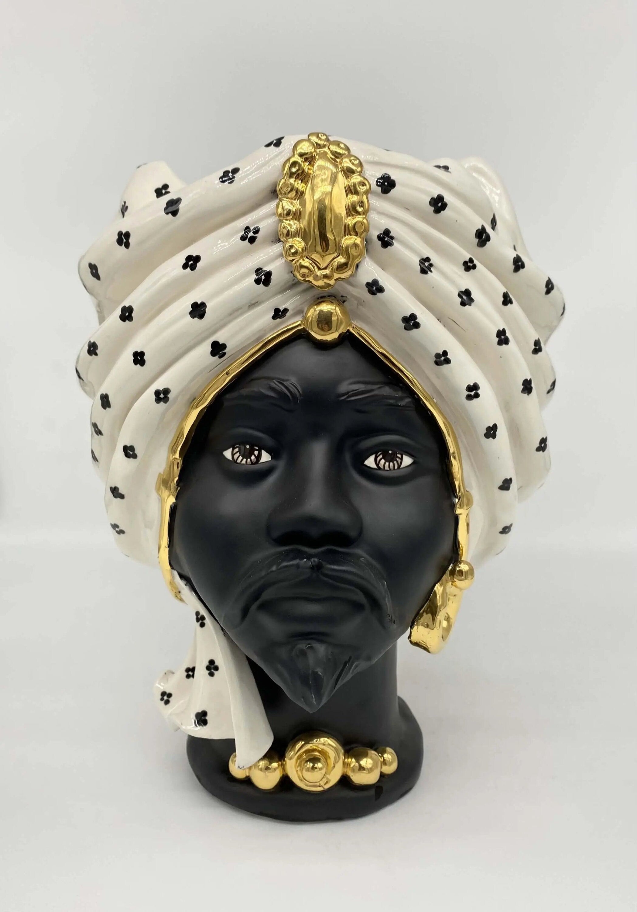 Teste di Moro Atena Ceramica Caltagirone cm H.30 L.23 Artigianale Bianco Pois Nero Oro DD CERAMICHE SICILIANE