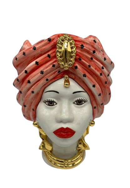 Teste di Moro Atena Ceramica Caltagirone cm H.30 L.23 Artigianale Rosso Pois Oro - DD CERAMICHE SICILIANE