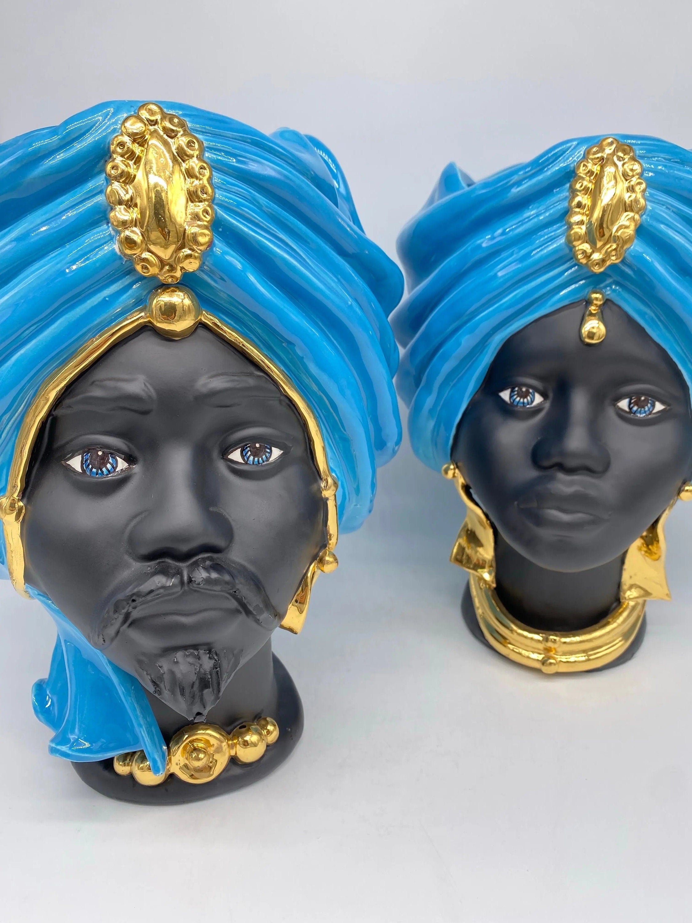 Teste di Moro Atena Ceramica Caltagirone cm H.30 L.23 Artigianale Blu Nero Oro DD CERAMICHE SICILIANE