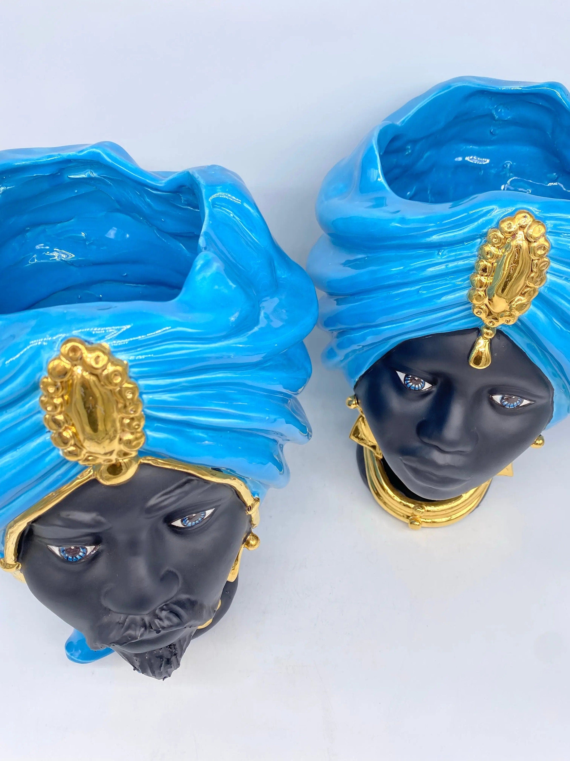 Teste di Moro Atena Ceramica Caltagirone cm H.30 L.23 Artigianale Blu Nero Oro DD CERAMICHE SICILIANE