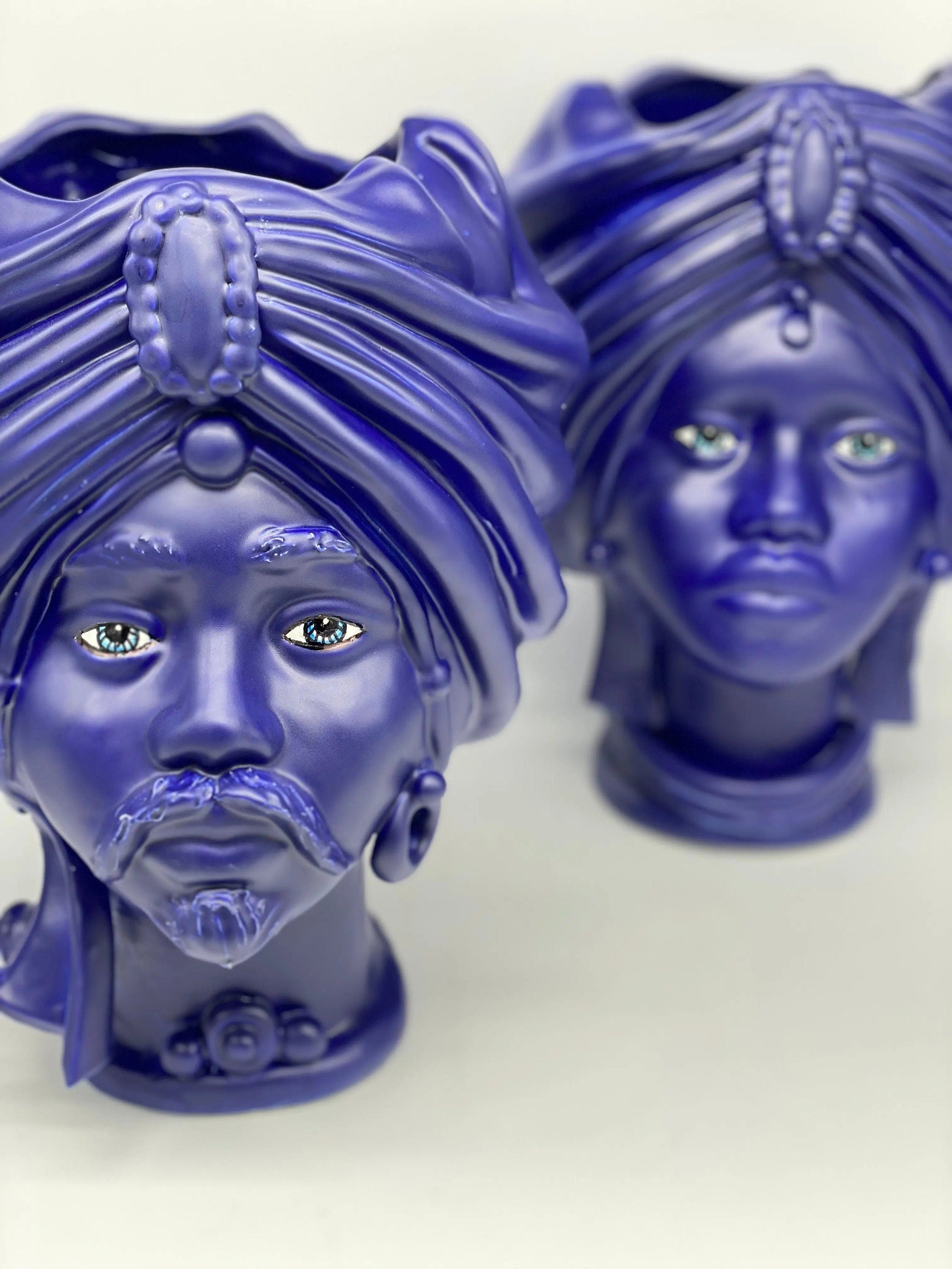 Teste di Moro Atena Ceramica Caltagirone cm H.30 L.23 Artigianale Blu Matt DD CERAMICHE SICILIANE