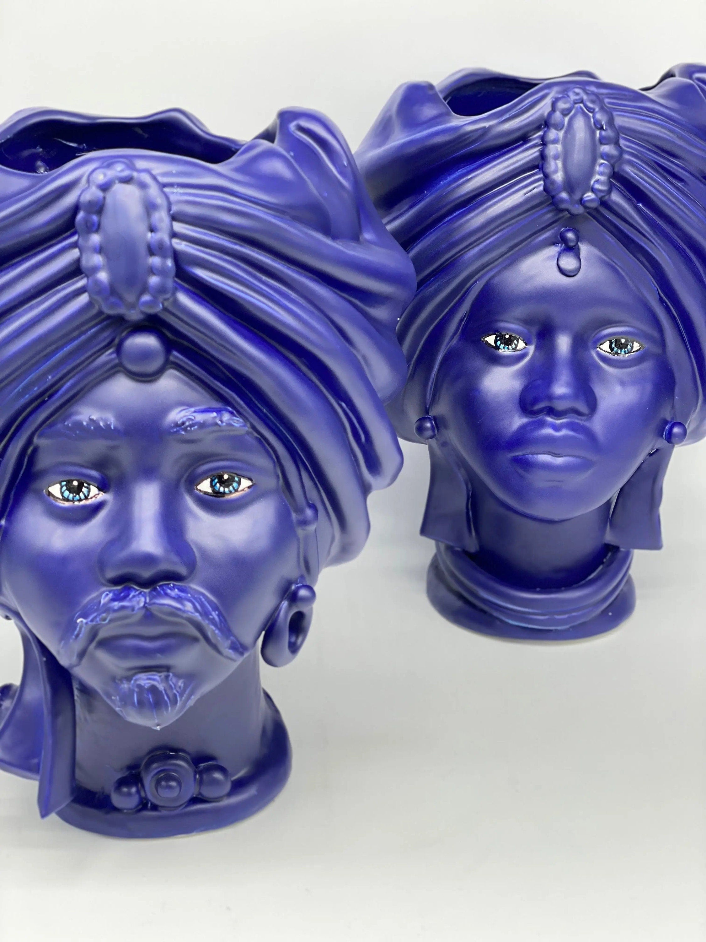 Teste di Moro Atena Ceramica Caltagirone cm H.30 L.23 Artigianale Blu Matt DD CERAMICHE SICILIANE