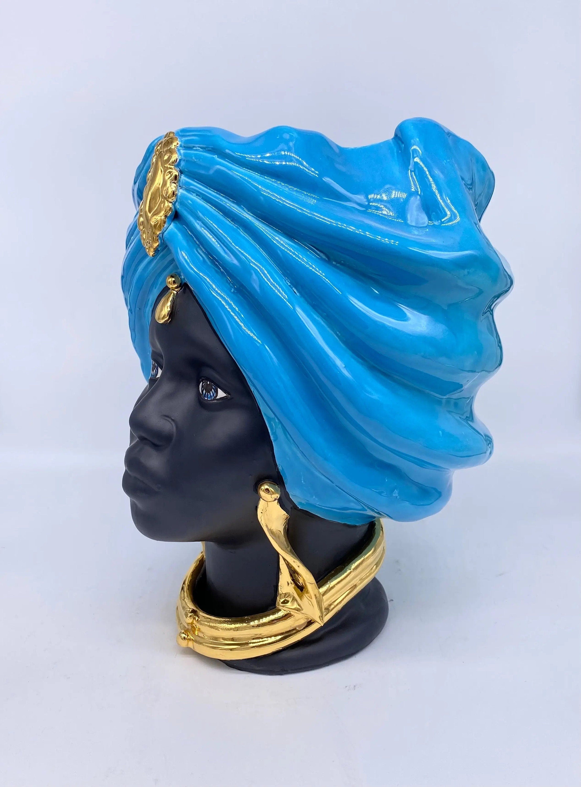 Teste di Moro Atena Ceramica Caltagirone cm H.30 L.23 Artigianale Blu Nero Oro DD CERAMICHE SICILIANE