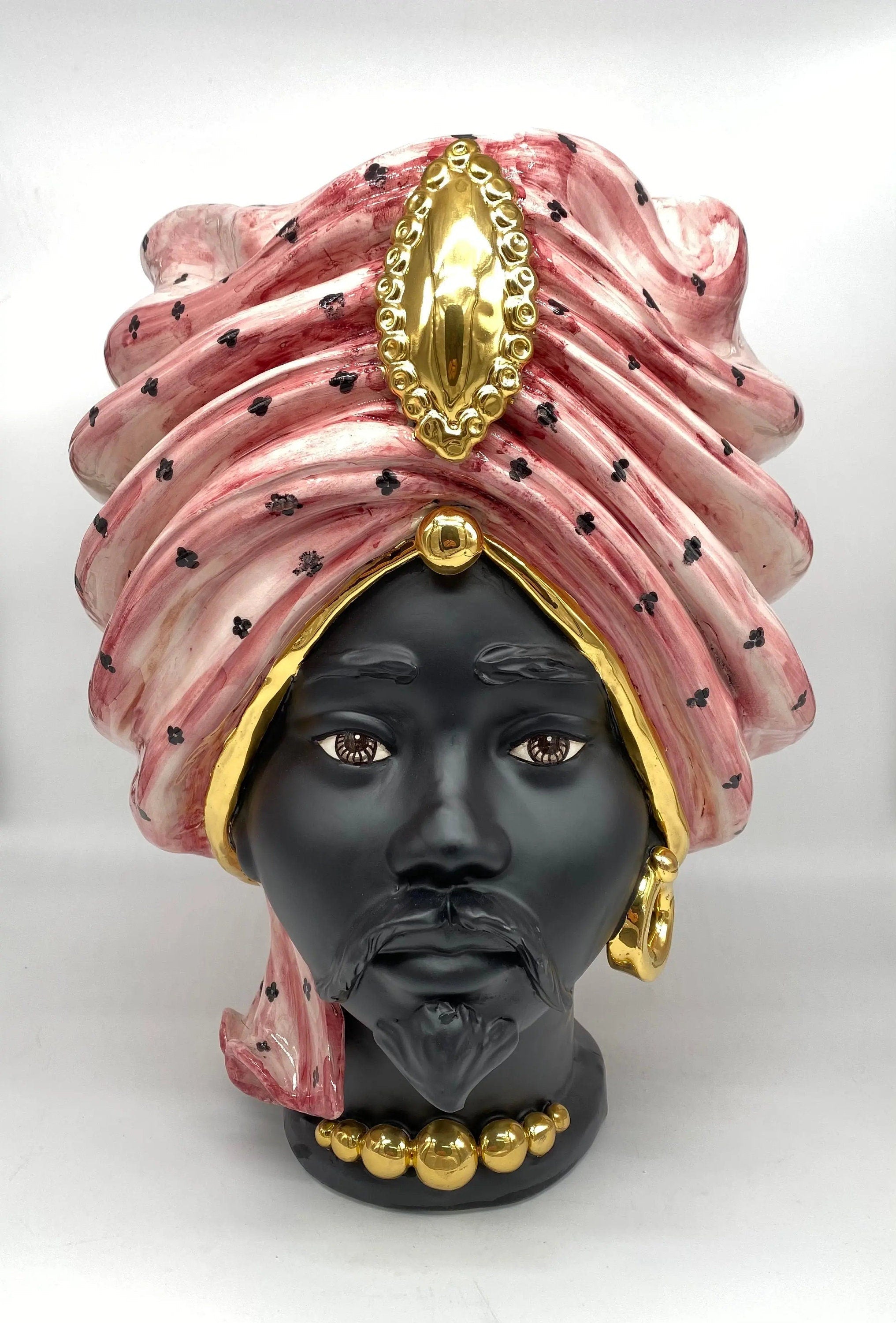 Teste di Moro Atena Ceramica Caltagirone cm H.40 L.28 Artigianale Rosa Pois Nero Oro DD CERAMICHE SICILIANE