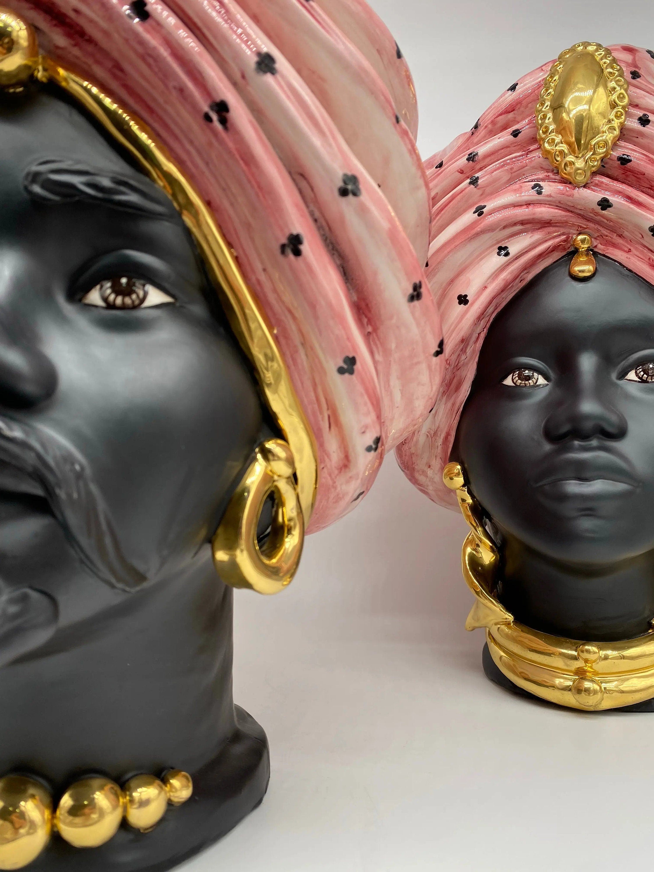 Teste di Moro Atena Ceramica Caltagirone cm H.40 L.28 Artigianale Rosa Pois Nero Oro DD CERAMICHE SICILIANE