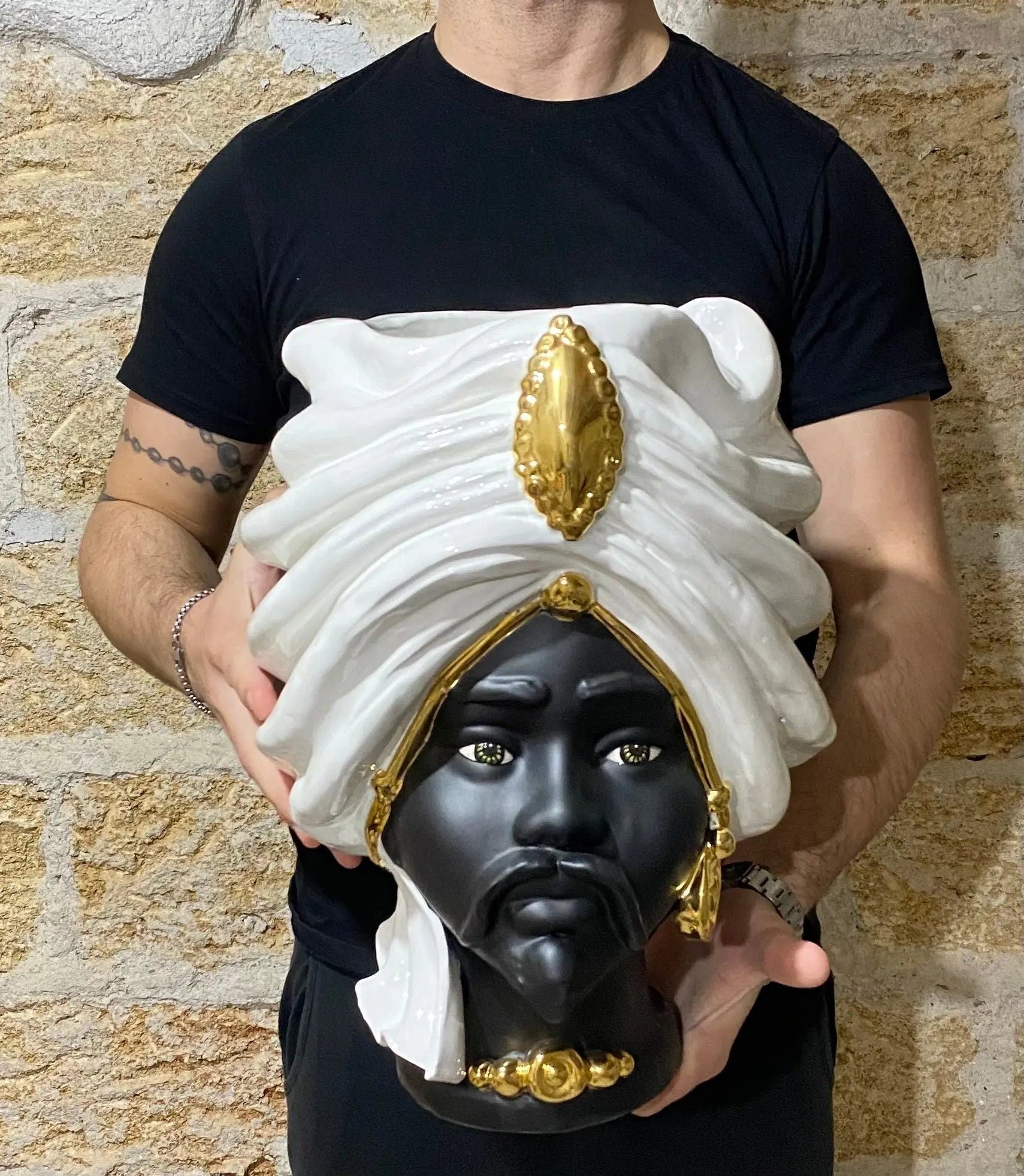 Teste di Moro Atena Ceramica Caltagirone cm H.40 L.28 Artigianale Bianco Nero Oro DD CERAMICHE SICILIANE