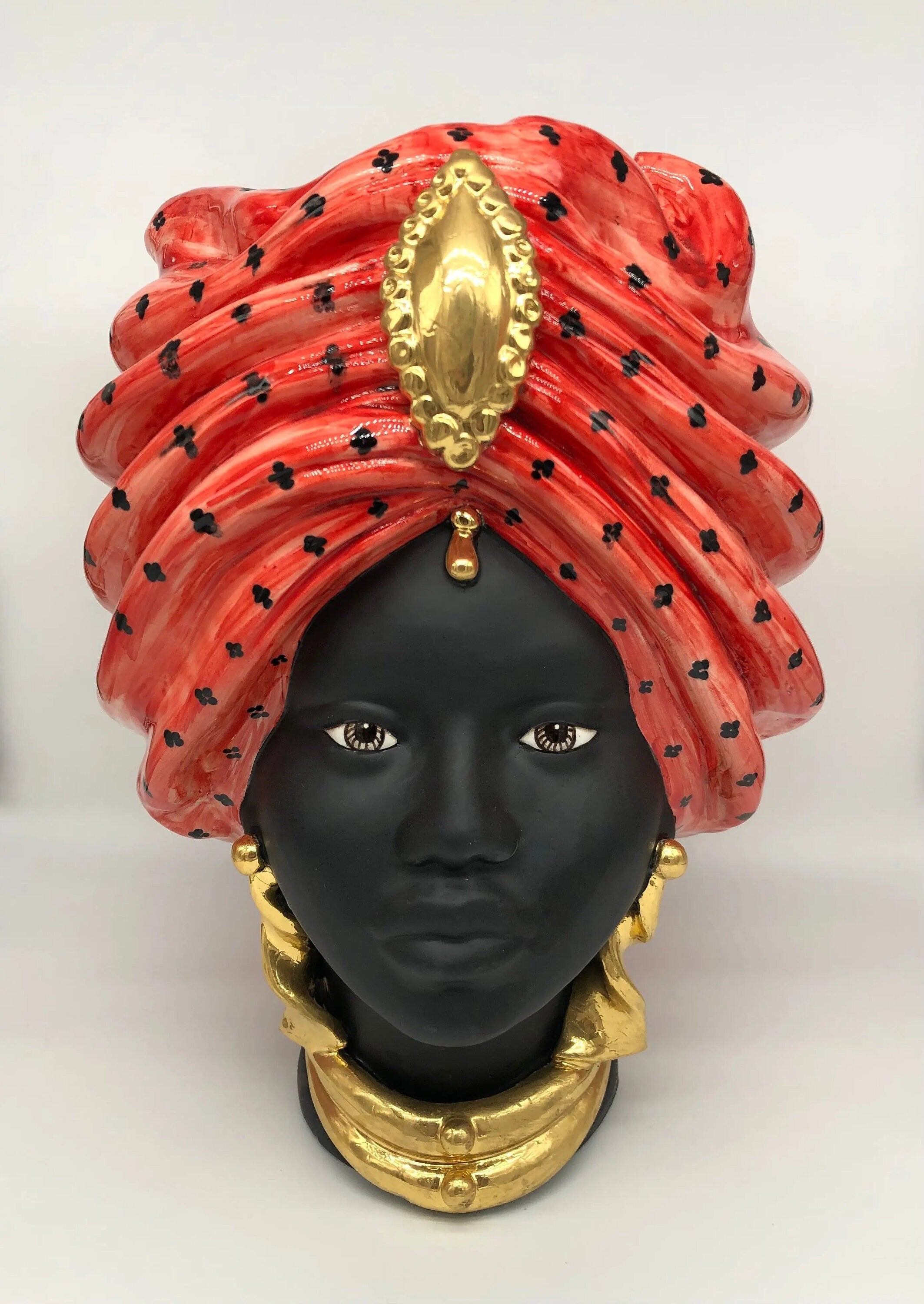 Teste di Moro Atena Ceramica Caltagirone cm H.40 L.28 Artigianale Rosso Pois Nero Oro DD CERAMICHE SICILIANE