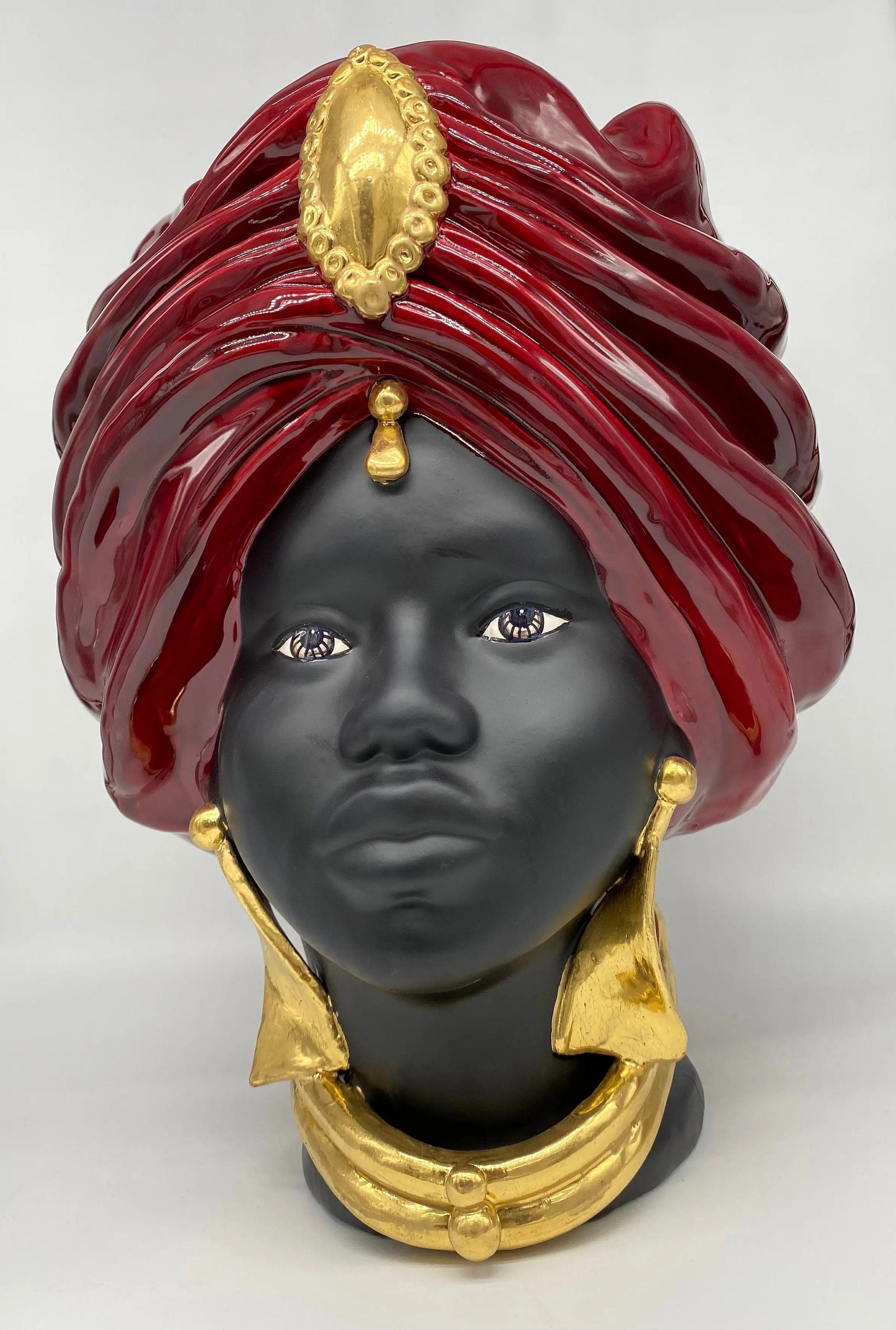 Teste di Moro Atena Ceramica Caltagirone cm H.40 L.28 Artigianale Bordeaux Nero Oro DD CERAMICHE SICILIANE