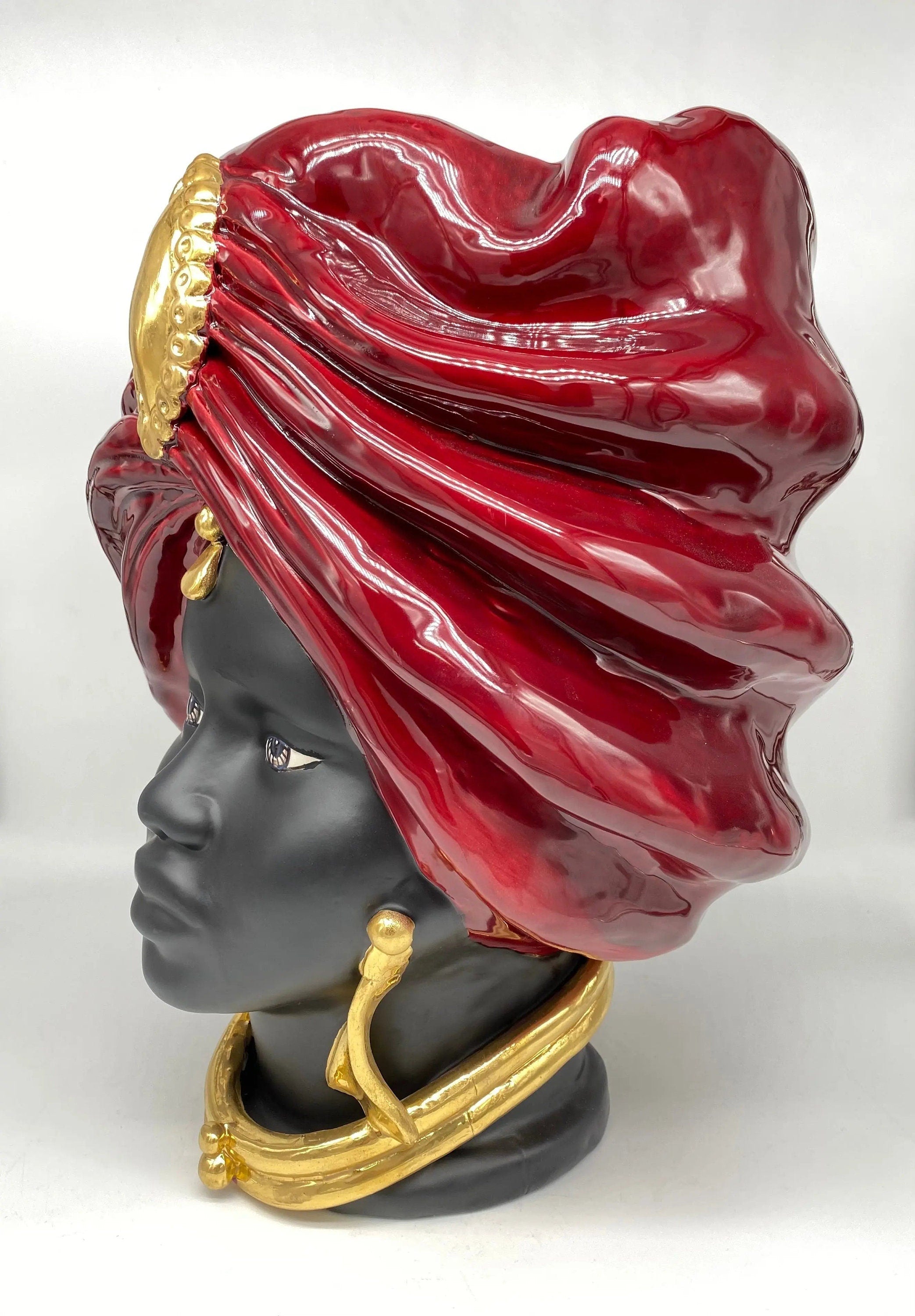 Teste di Moro Atena Ceramica Caltagirone cm H.40 L.28 Artigianale Bordeaux Nero Oro DD CERAMICHE SICILIANE
