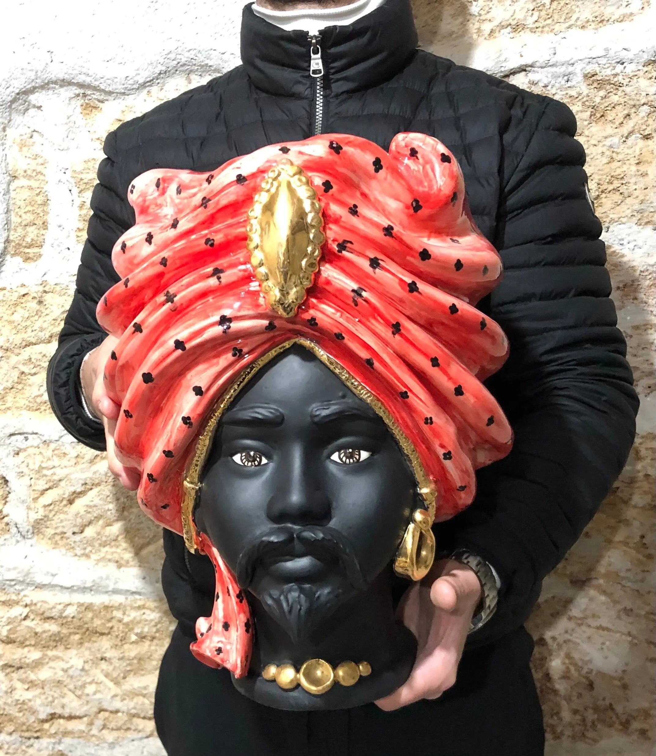 Teste di Moro Atena Ceramica Caltagirone cm H.40 L.28 Artigianale Rosso Pois Nero Oro DD CERAMICHE SICILIANE