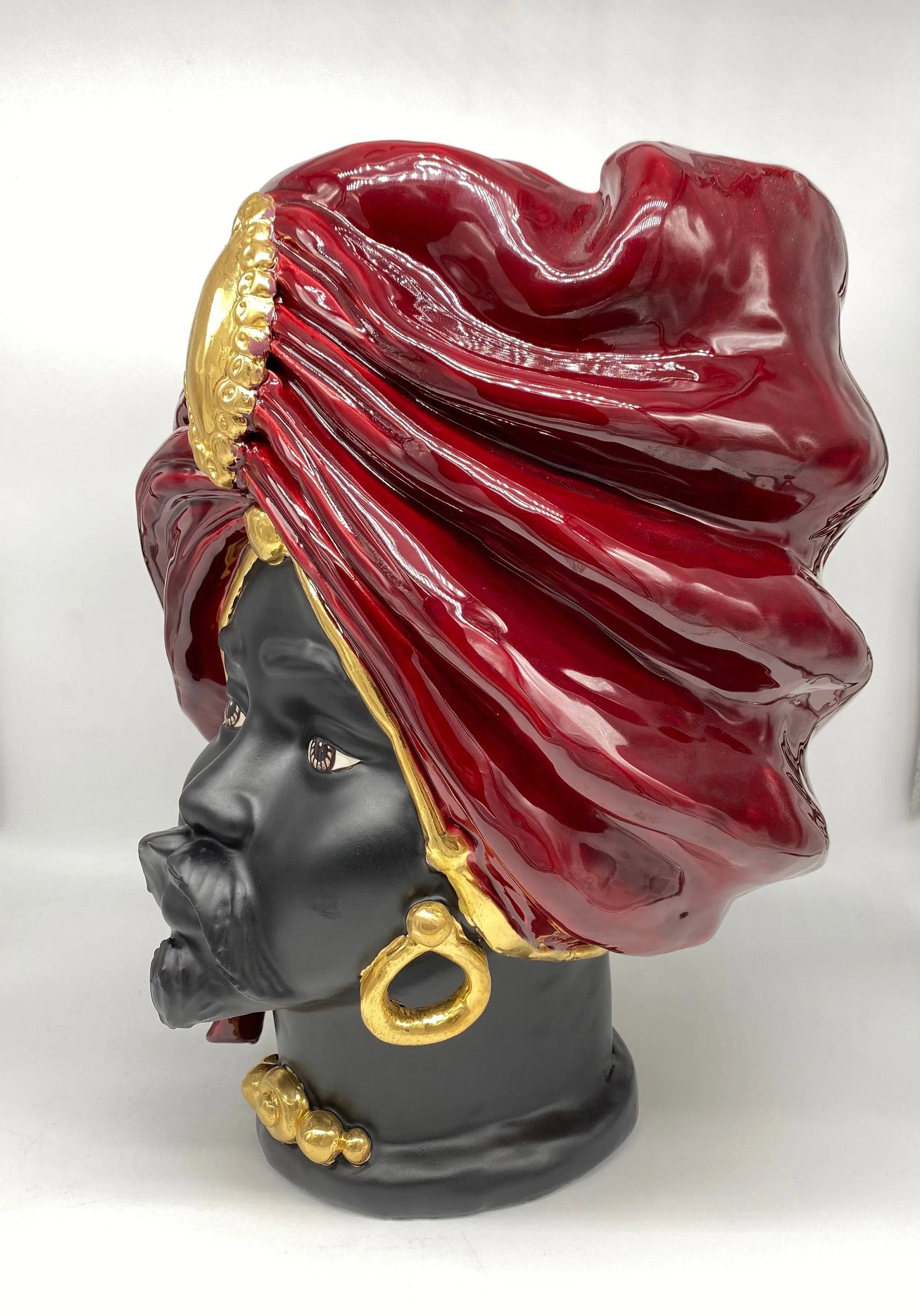 Teste di Moro Atena Ceramica Caltagirone cm H.40 L.28 Artigianale Bordeaux Nero Oro DD CERAMICHE SICILIANE