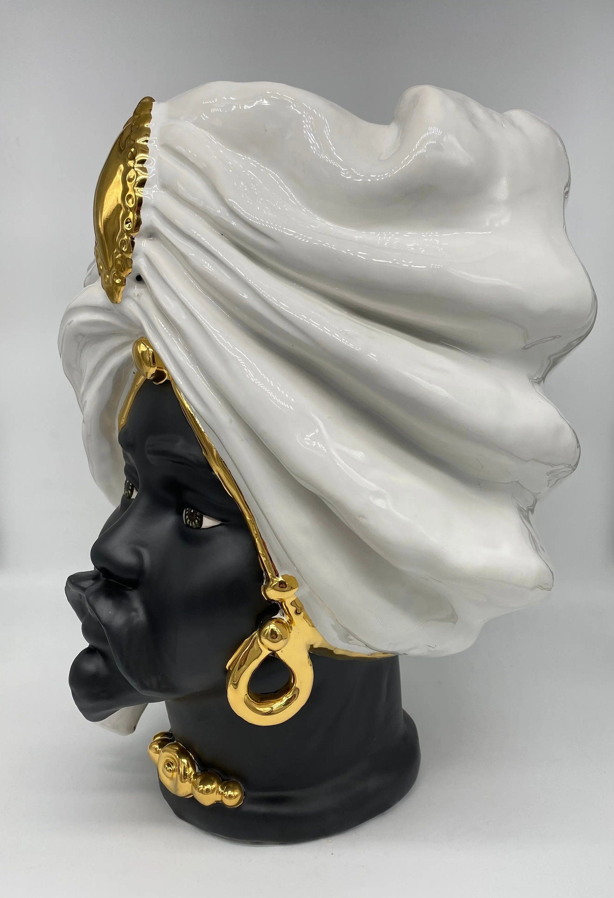 Teste di Moro Atena Ceramica Caltagirone cm H.40 L.28 Artigianale Bianco Nero Oro DD CERAMICHE SICILIANE