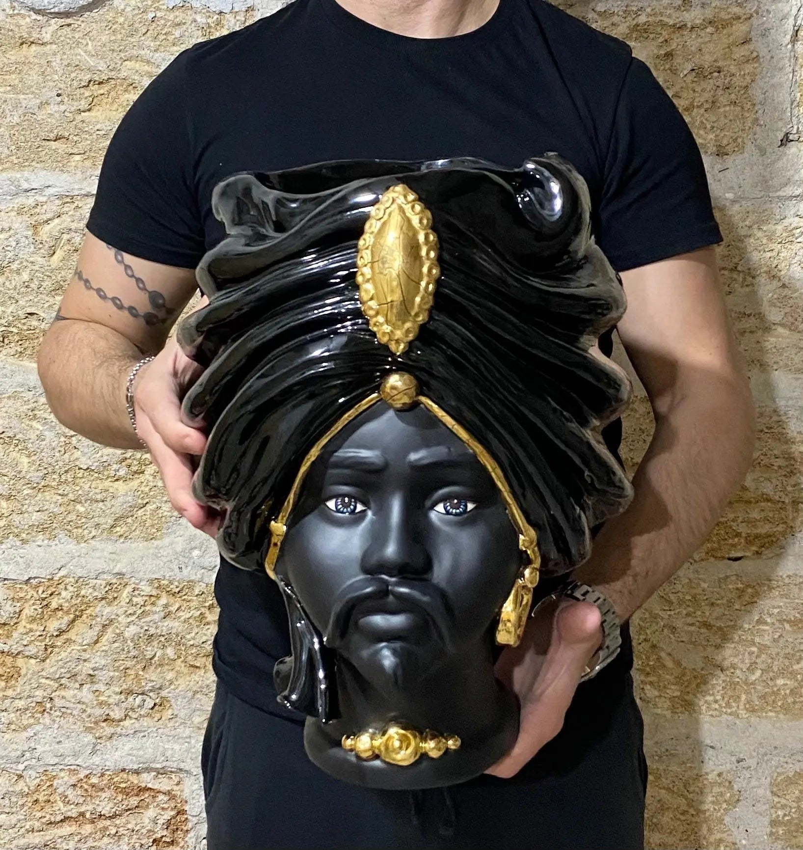 Teste di Moro Atena Ceramica Caltagirone cm H.40 L.28 Artigianale Nero Oro DD CERAMICHE SICILIANE