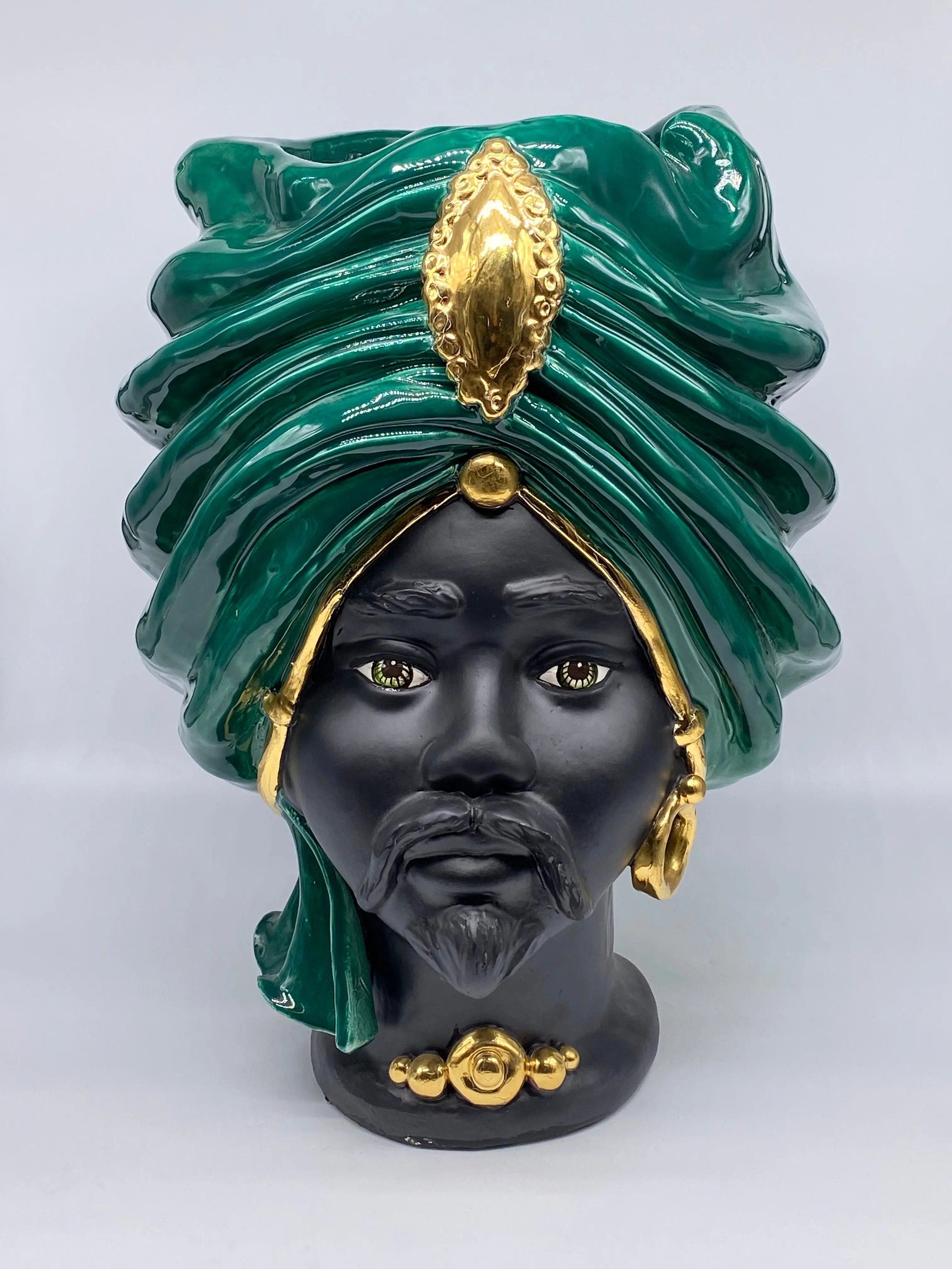 Teste di Moro Atena Ceramica Caltagirone cm H.40 L.28 Artigianale Verde Scuro Nero Oro DD CERAMICHE SICILIANE